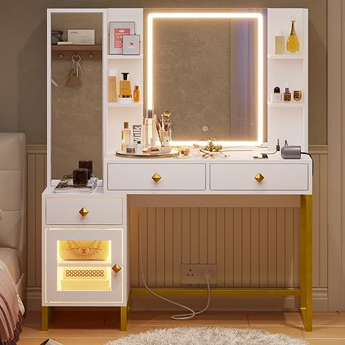 Miniatura 2 de ADORNEVE Escritorio de maquillaje con espejo iluminado y organizador de joyas, mesa de escritorio con estación de carga y espejos de longitud