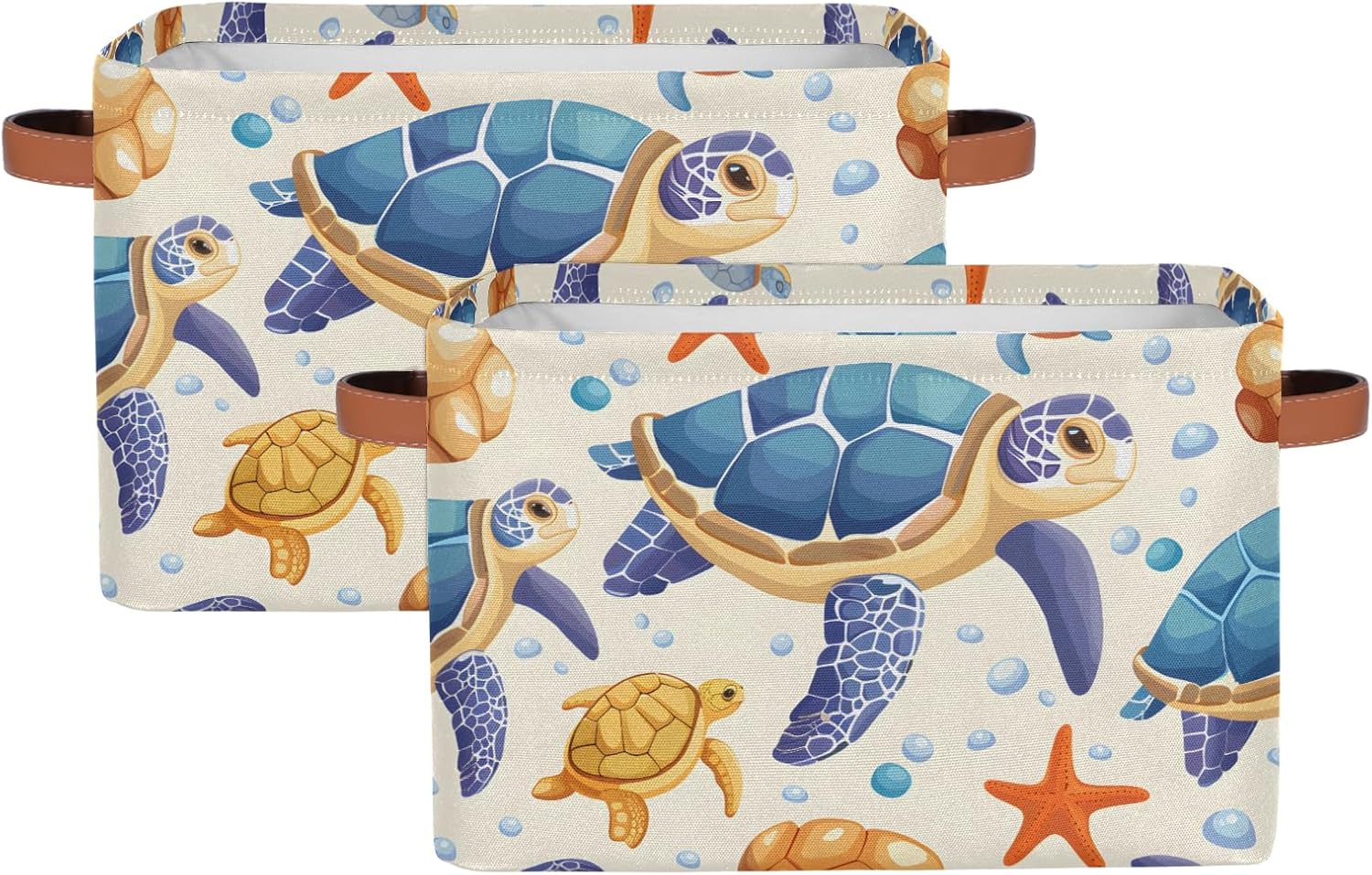 Funny Starfish Blue Ocean Storage Bins Basket, Ocean Turtle Theme Collapsible Rectangle Storage Box ，With Handles Toy Organizer Bin ，for Shelf Closet/Home/Bedroom/Kids Room/Laundry Room ，2(pack)
