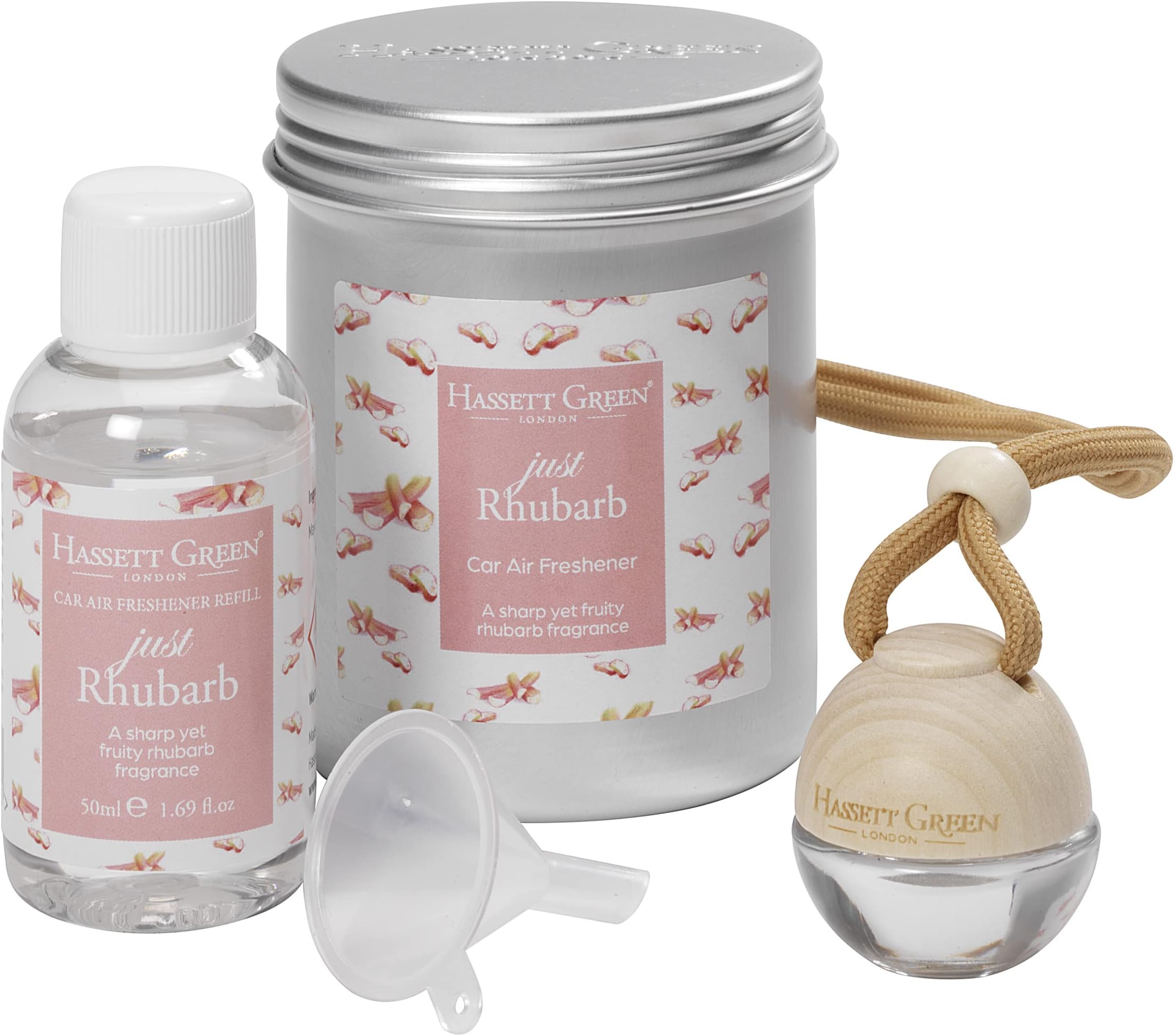 Hassett Green London - Just Rhubarb - Wooden Top Car Air Freshener & Refill Kit - Empty Freshener with 50ml Fragrance Oil Bottle