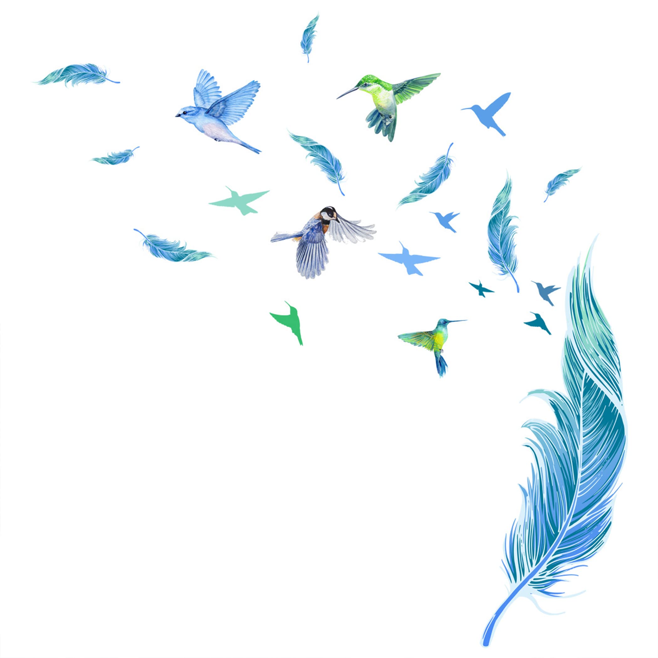 Blue Feather Wall Decals Birds Murals, Creative Feather Decor Wall Sticker, Removable DIY Art Window Decal Decoration, Lovely Hummingbird Peel and Stick Wallpaper for Bedroom Living Bathroom