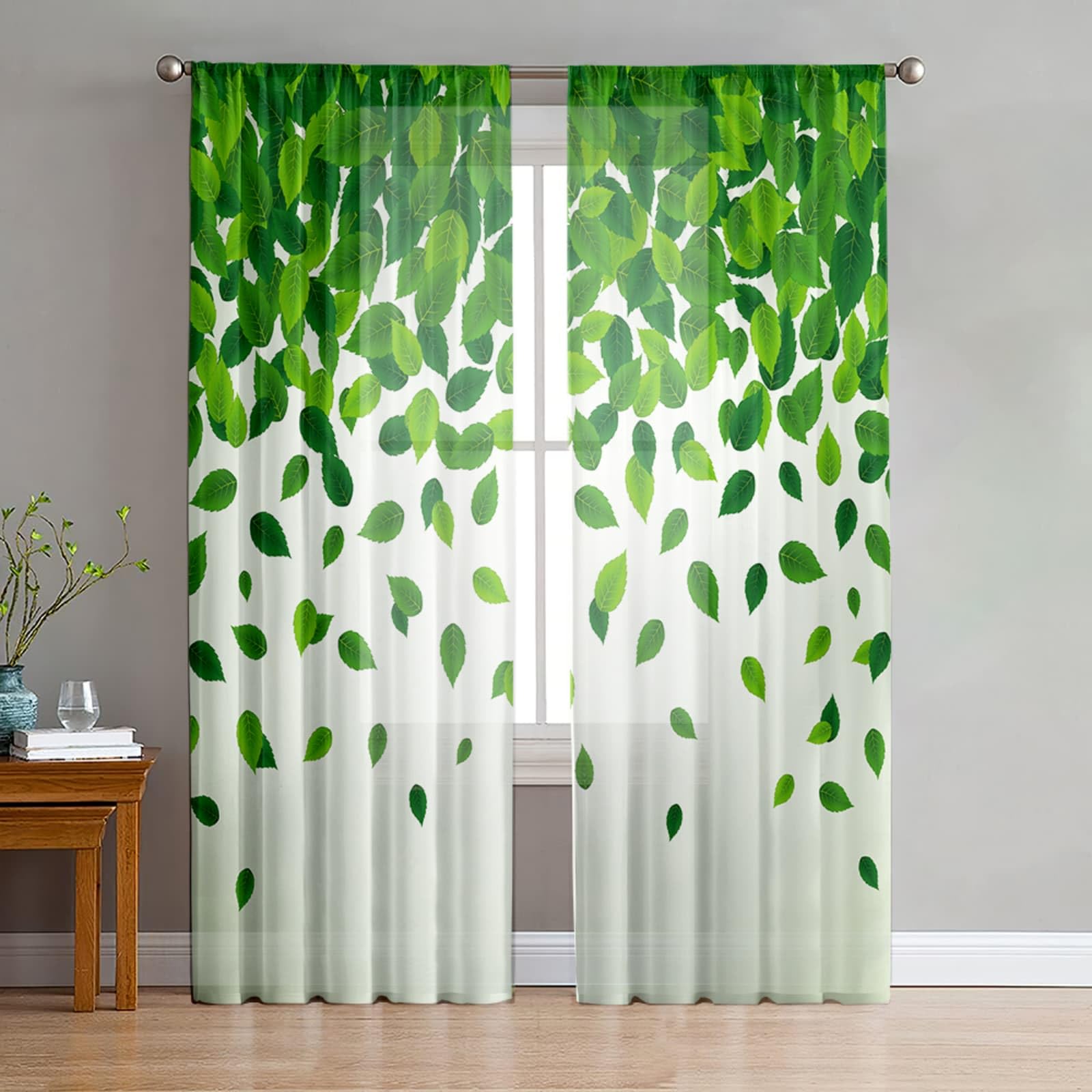 Odot Voile Net Curtains for Windows Living Room, 3D Leaf Pattern Rod Pocket Semi Sheer Curtains 2 Panels Light Filtering Translucent Tulle Voile Panel for Decorative (Green Leaf A,55x108in)