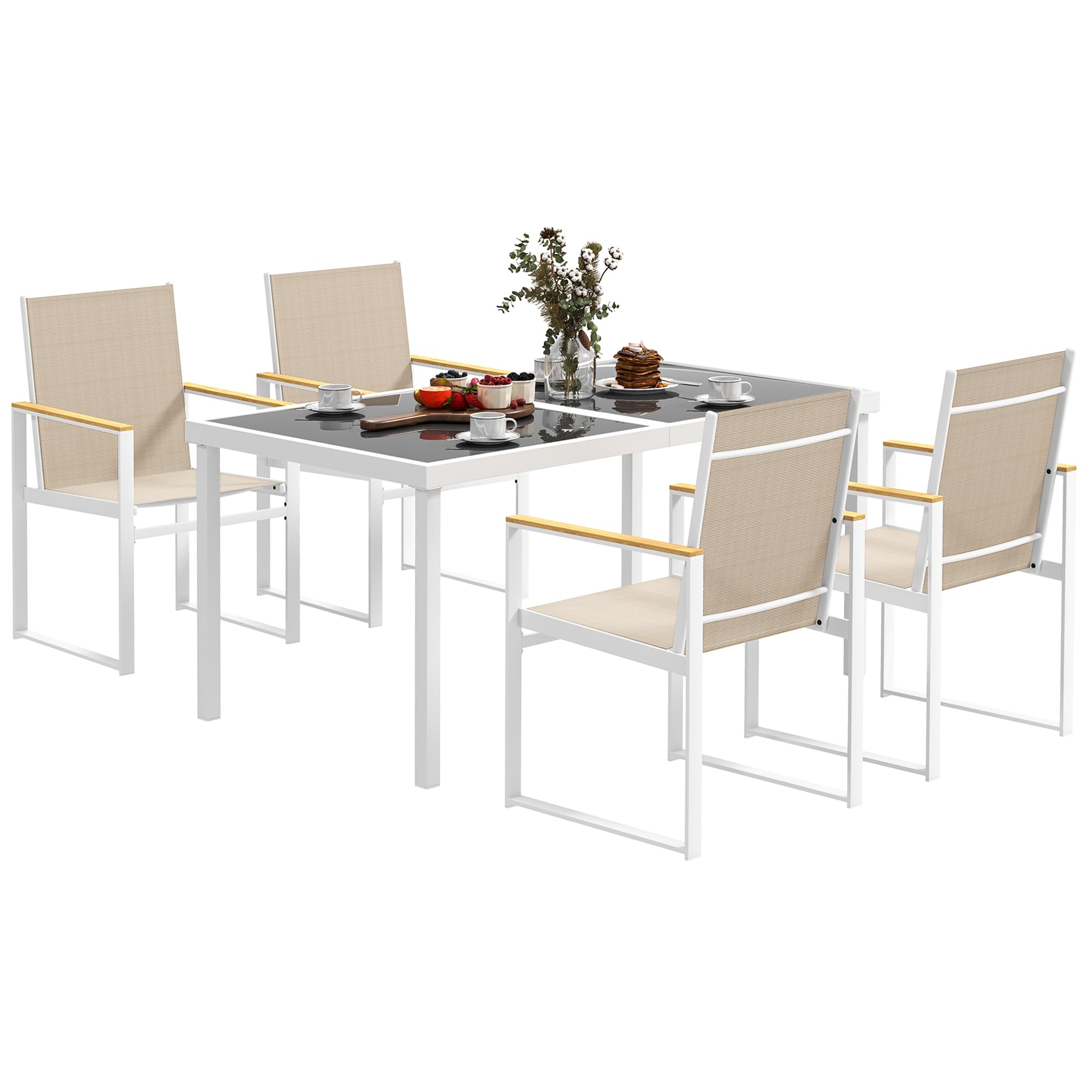Outsunny Set Tavolo da Giardino con Sedie da 5 Pezzi in Vetro Multicolore | Set da Pranzo, 4 Sedie da Esterno con Braccioli e Schienale Alto, Set di Mobili in Acciaio e Textilene