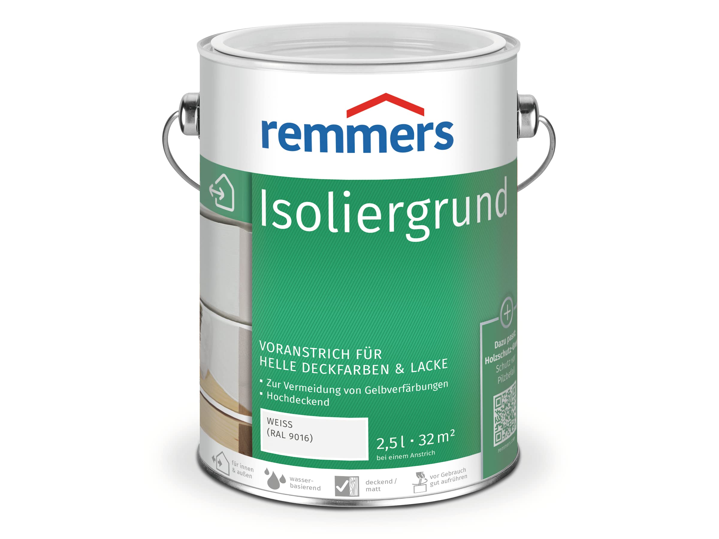 Remmers Isoliergrund weiß (RAL 9016), 2,5 Liter, Sperrgrund, Spezialanstrich gegen das Durchschlagen von Holzinhaltsstoffen, verhindert Gelbverfärbungen