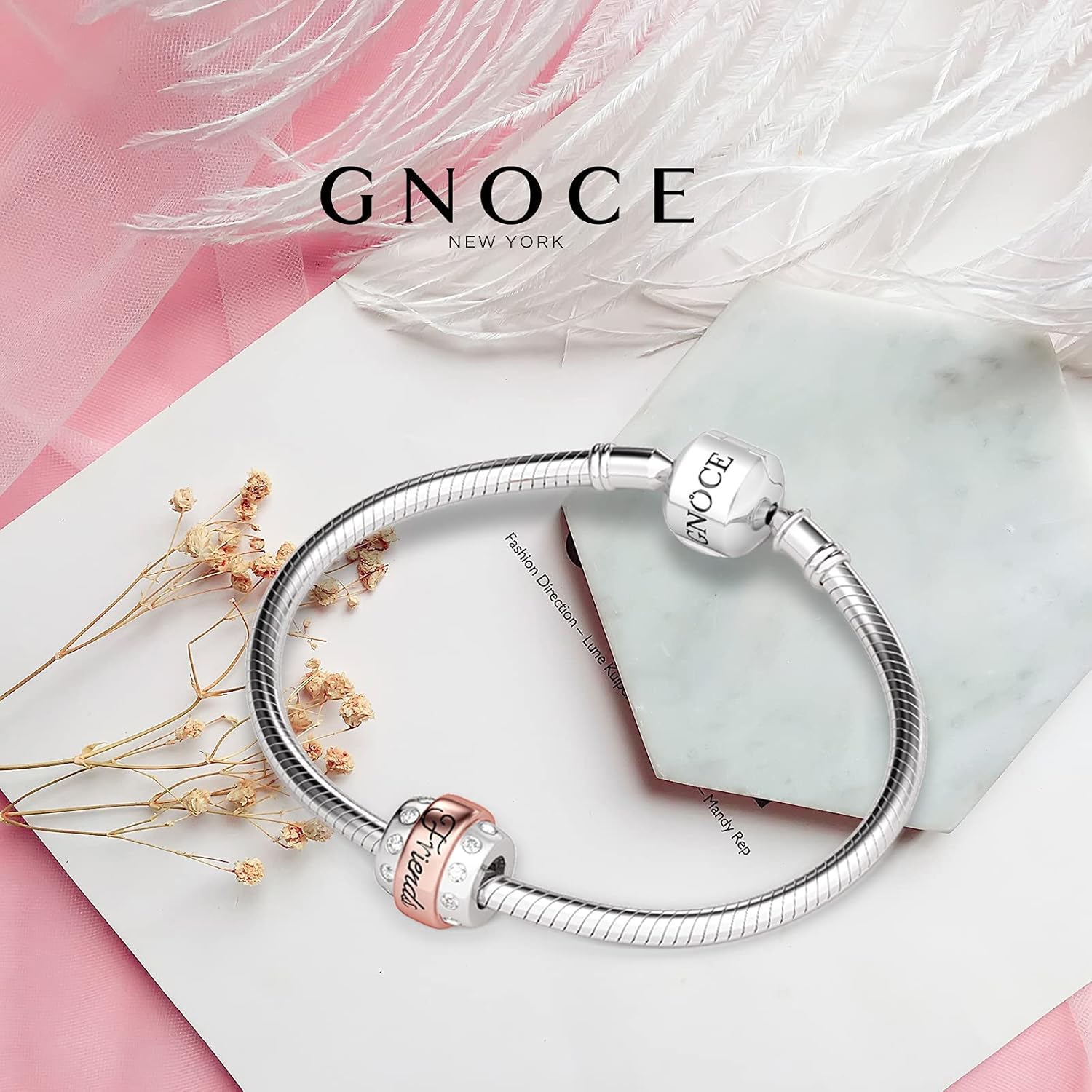 GNOCE 925 Sterling Silver Round Shaped Birthstone Charm Beads Pendant fits Bracelets & Necklace Great Gift for Your Friends - Rose Gold