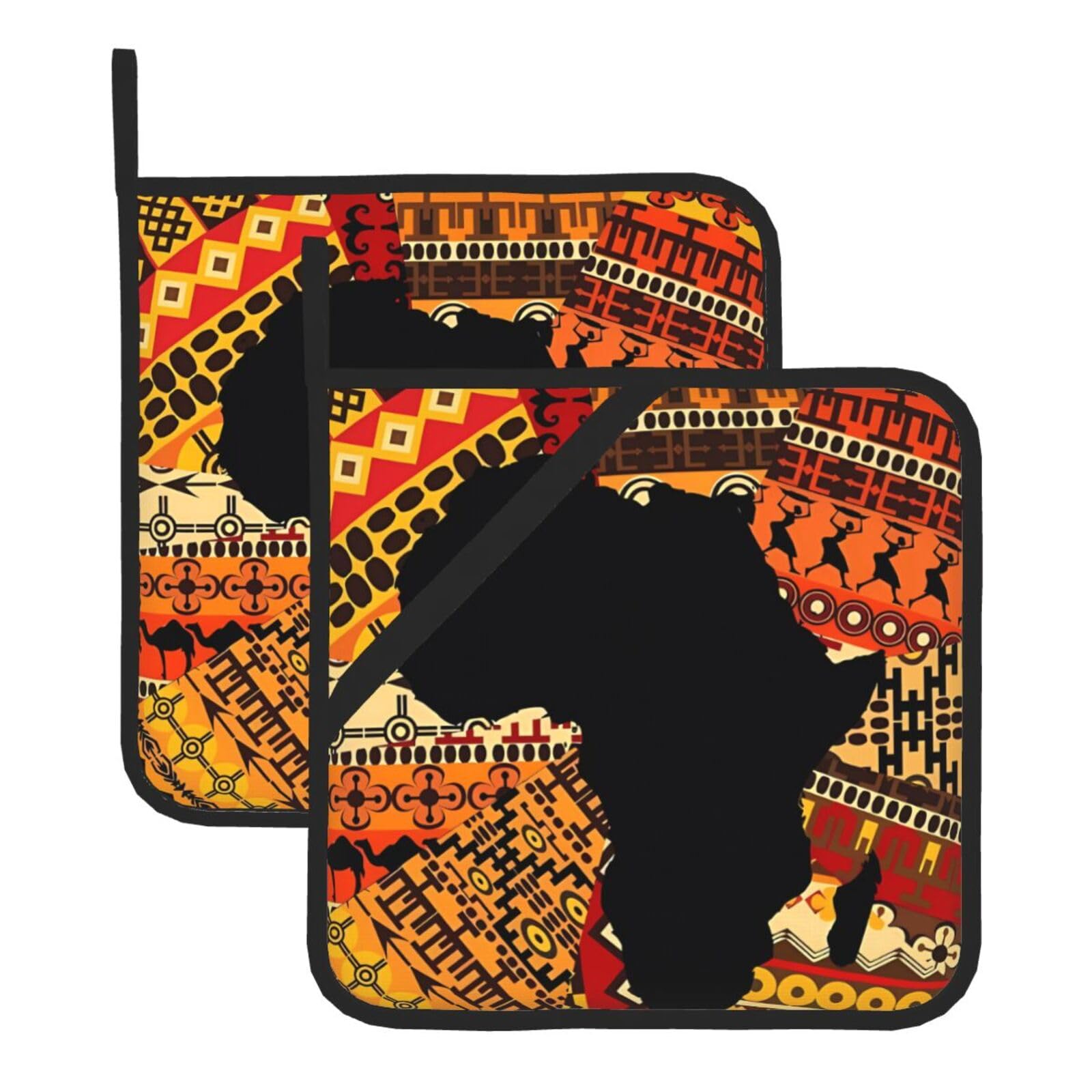 HJFCZH African Map Ethnic Pattern Prints Square Hot Pads for Kitchen Counter - Waterproof Pot Holders, Durable Heat Resistant Throw Layers for Serving, Oven & BBQ - 2 Pack
