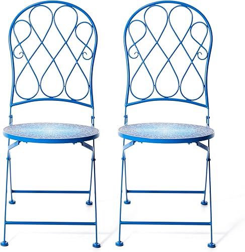 Miniatura 8 de Glitzhome Sillas plegables bistró de 36.5 pulgadas de alto, con marco de metal azul y patrón de azulejos de cerámica, sillas de jardín y patio,