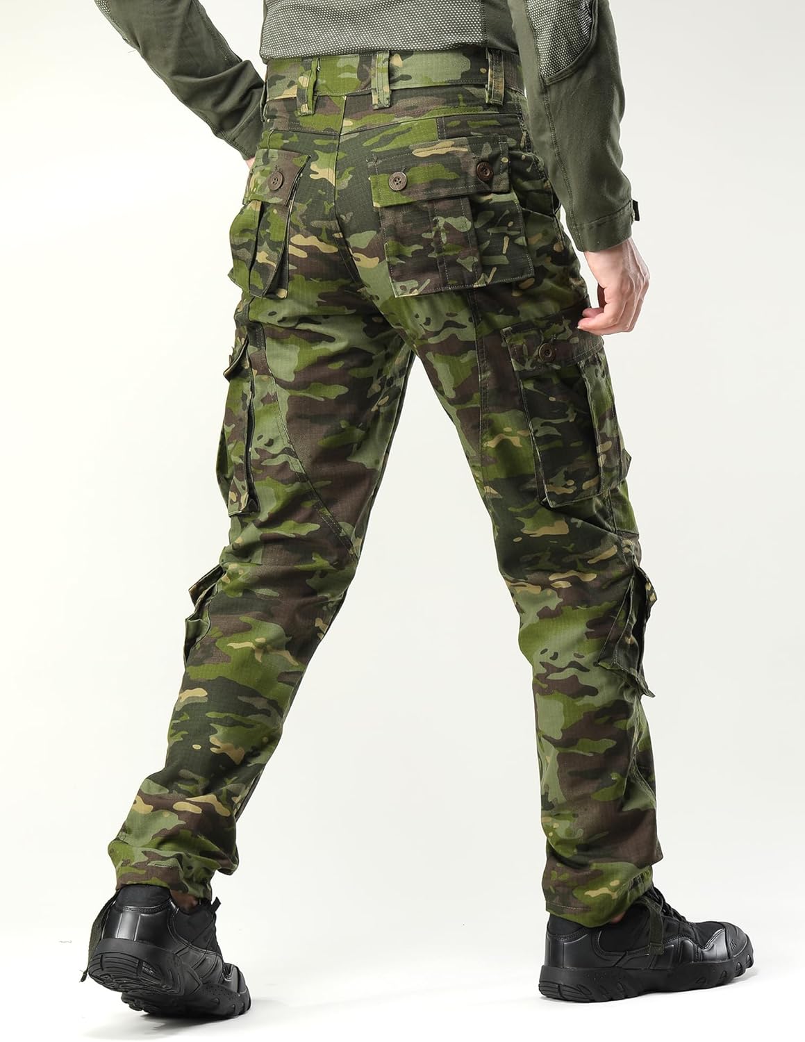 Men's Camo Cargo Work Pants Ripstop Lightweight Wild Army Military BDU Outdoor Trousers with 8 Pocktets (No Belt)