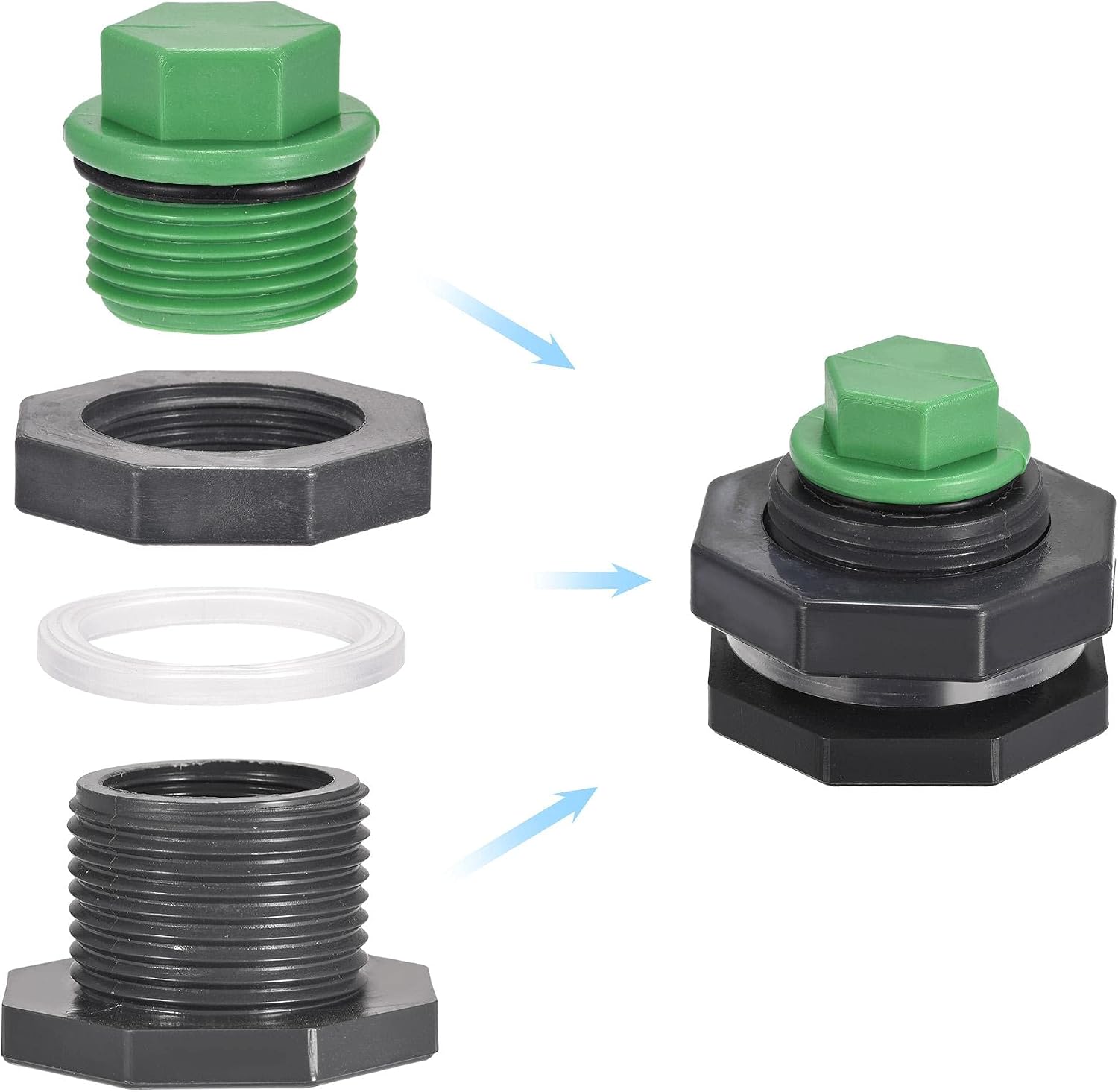sourcing map PVC Bulkhead Tank Adapter with Green Plug Fitting G3/4 Thread for Rain Buckets Water Tanks 1 Set - Image 5