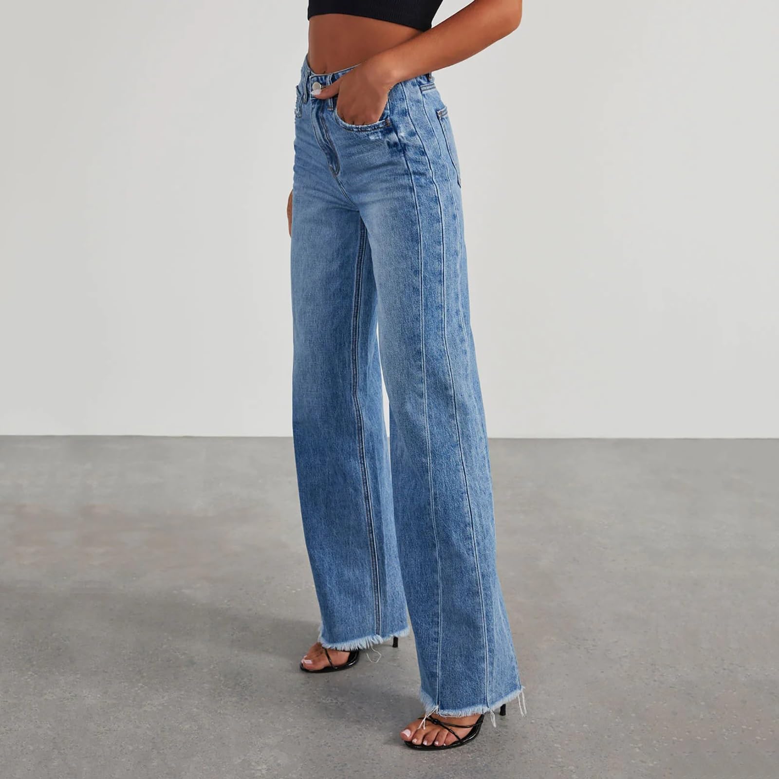Jeansy Damskie z Prostymi Nogawkami z Wysokim Stanem i Szerokimi Nogawkami Jeansy Typu Boyfriend Baggy dla Kobiet Jeansy z Postrzępionymi Brzegami Spodnie Jeansowe Damskie o Pełnej Długości