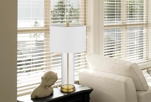 Miniatura 5 de Cal Lighting Lámpara de mesa Hookerton de vidrio de 3 vías de 150 W con pantalla de tela de tapa dura de tambor. Precio y venta por pares