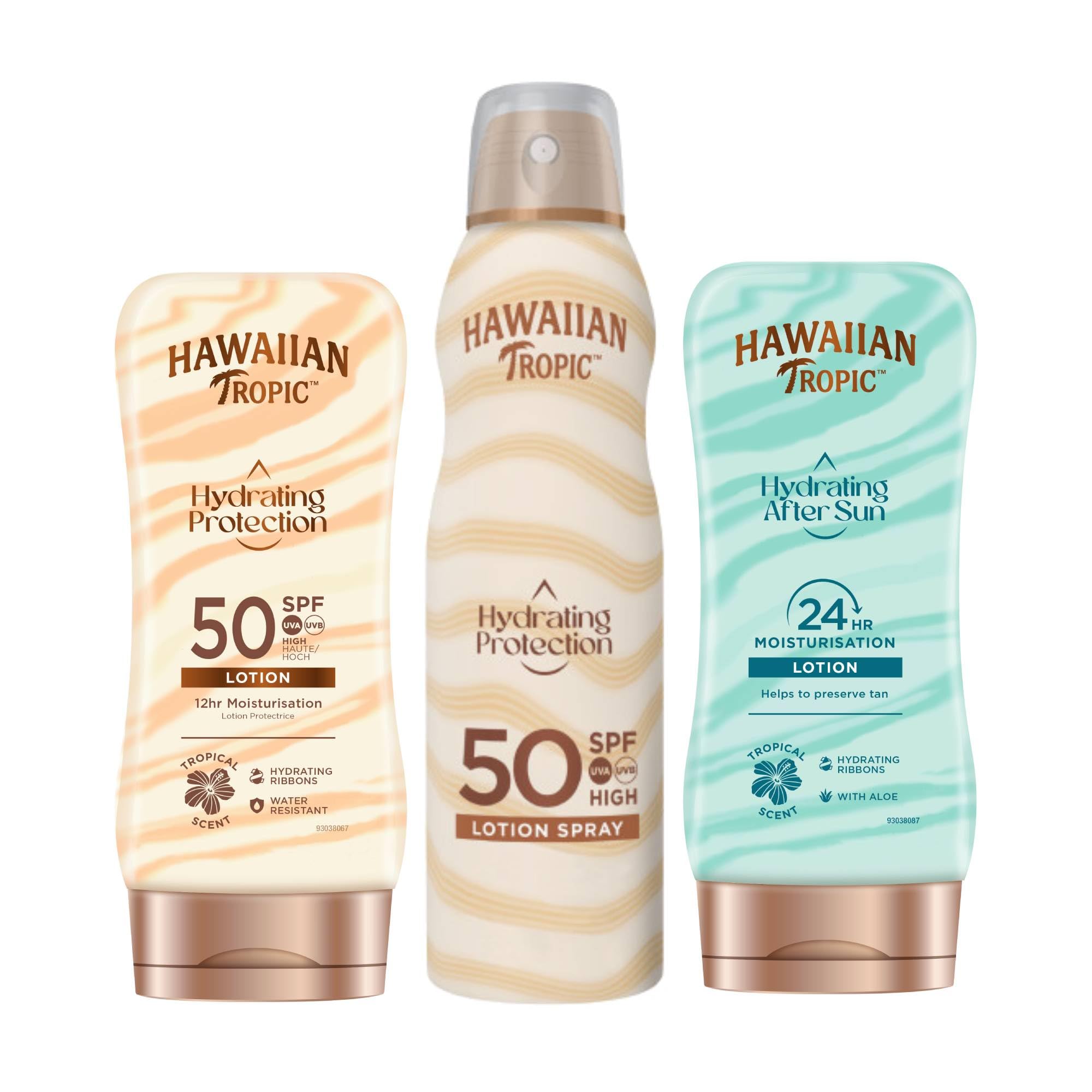 HAWAIIAN Tropic Pack Hydrating Protection SPF 50 - Crema Solar Protectora con Cintas de Seda Hidratantes + Spray Bruma Air Soft + Loción Air Soft Face (Paquete de 3)