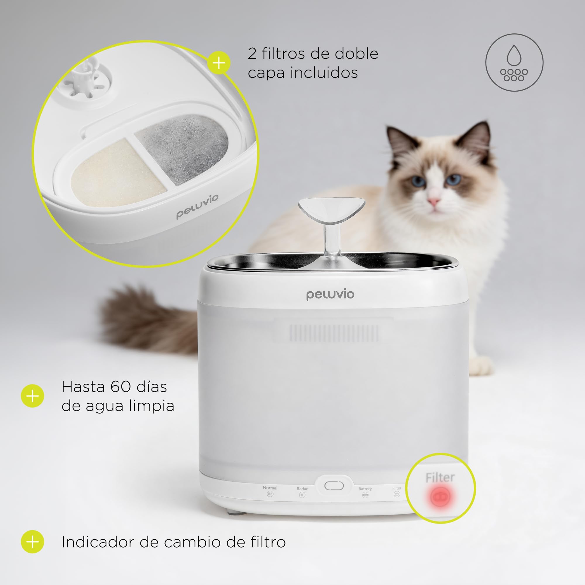 Rillan Fuente de Agua para Gatos Silenciosa con Sensor de Movimiento, Bebedero Automático con Filtro de Carbón Activo, Apagado Automático, Depósito Claro, USB-C o Pilas AA, 2 Filtros, 2 L