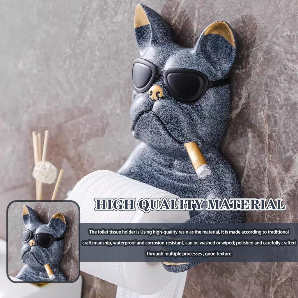 French Bulldog Toilet Paper Holder Wall Mounted - Cool Resin Dog Sculpture Toilet Roll Holder, Fun Bathroom Decor & Functional Tissue Storage for Home(Color : Grey, Size : 24.5 * 17 * 13cm)