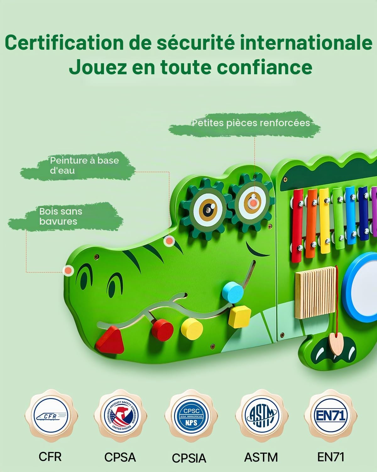 VEVOR Panneau Mural Sensoriel Crocodile pour Enfants, Tableau d'Activités Montessori avec 9 Jeux, Jouet Éducatif Interactif pour Enfants de 3 à 12 Ans, Crèche, Garderie, Maternelle, Salle de Jeux