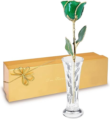 Forever Rose Sumergido a mano en oro de 24 quilates, piedra natal de mayo inspirada en esmeralda, con destellos, rosa real en caja de regalo de oro
