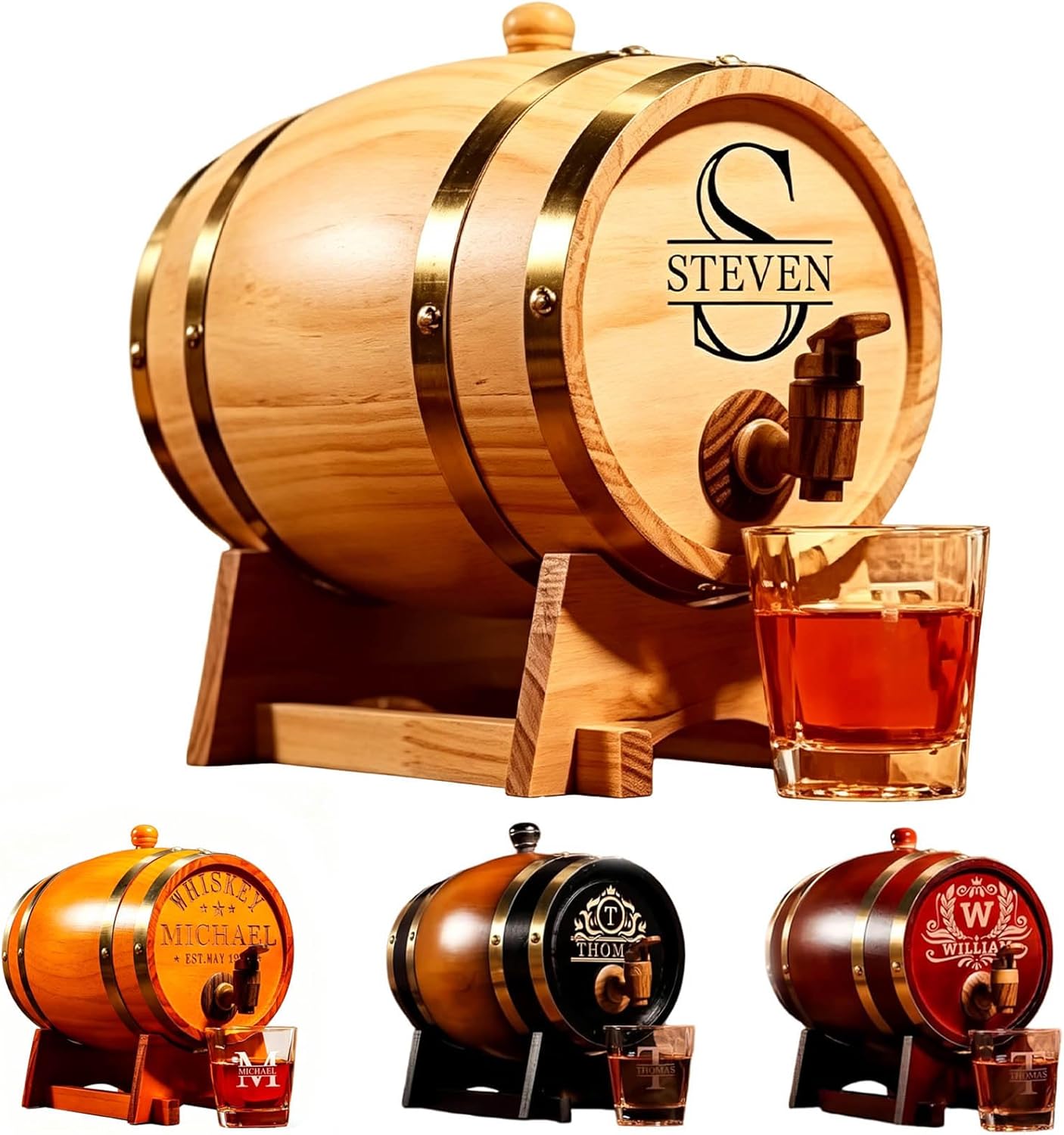 Personalized Mini Wooden Whiskey Barrel – Custom Oak Barrel for Aging Whiskey & Bourbon, 1.5/3 / 5 Liter Whiskey Dispenser with Stand & Spigot Gift For Men Dad Father's Day Birthday (Natural Wood)