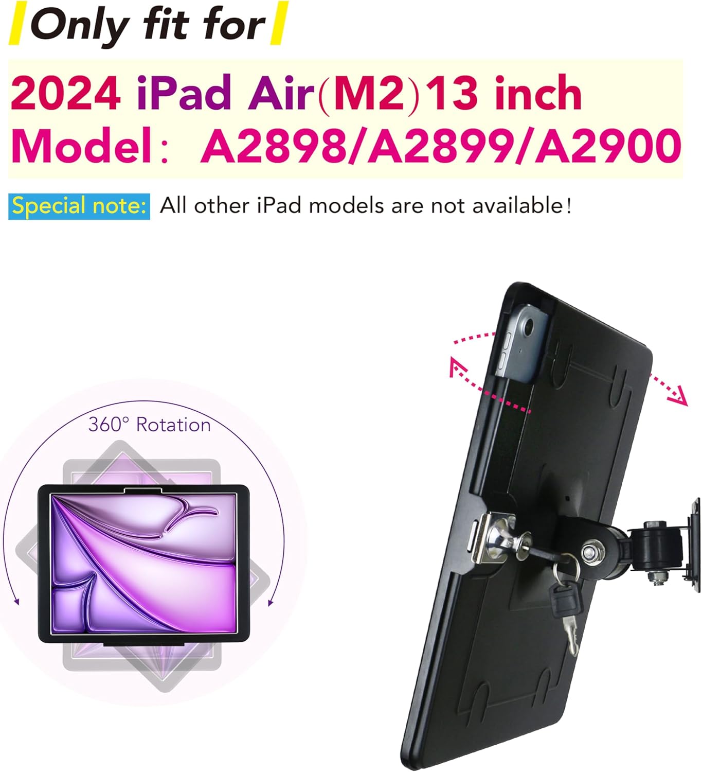 On Wall Mount Bracket for iPad Air 13-inch M3 2025 & M2 2024,Excluding Other 13" iPad,with Lock &Key, Multi Angle Design,Metal,(Black)