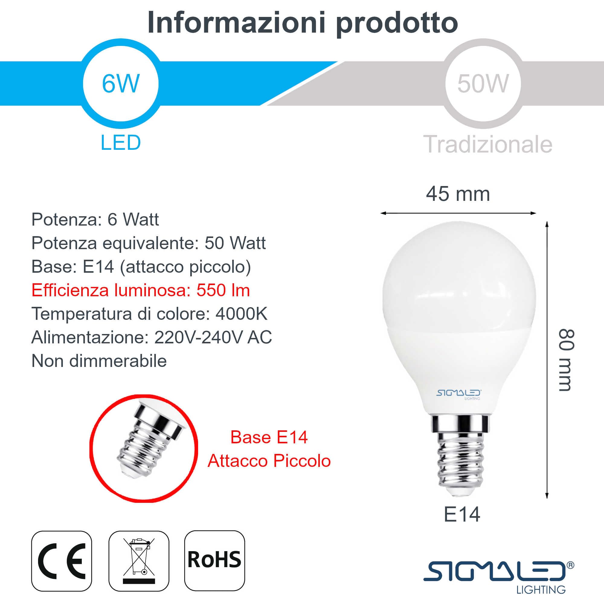 Sigmaled lighting - Lampadina LED E14 6W (equivalente 50W) - 550 lumen - Luce naturale 4000K - Attacco piccolo - Lampada LED G45 mini GLOBO - 6 PEZZI