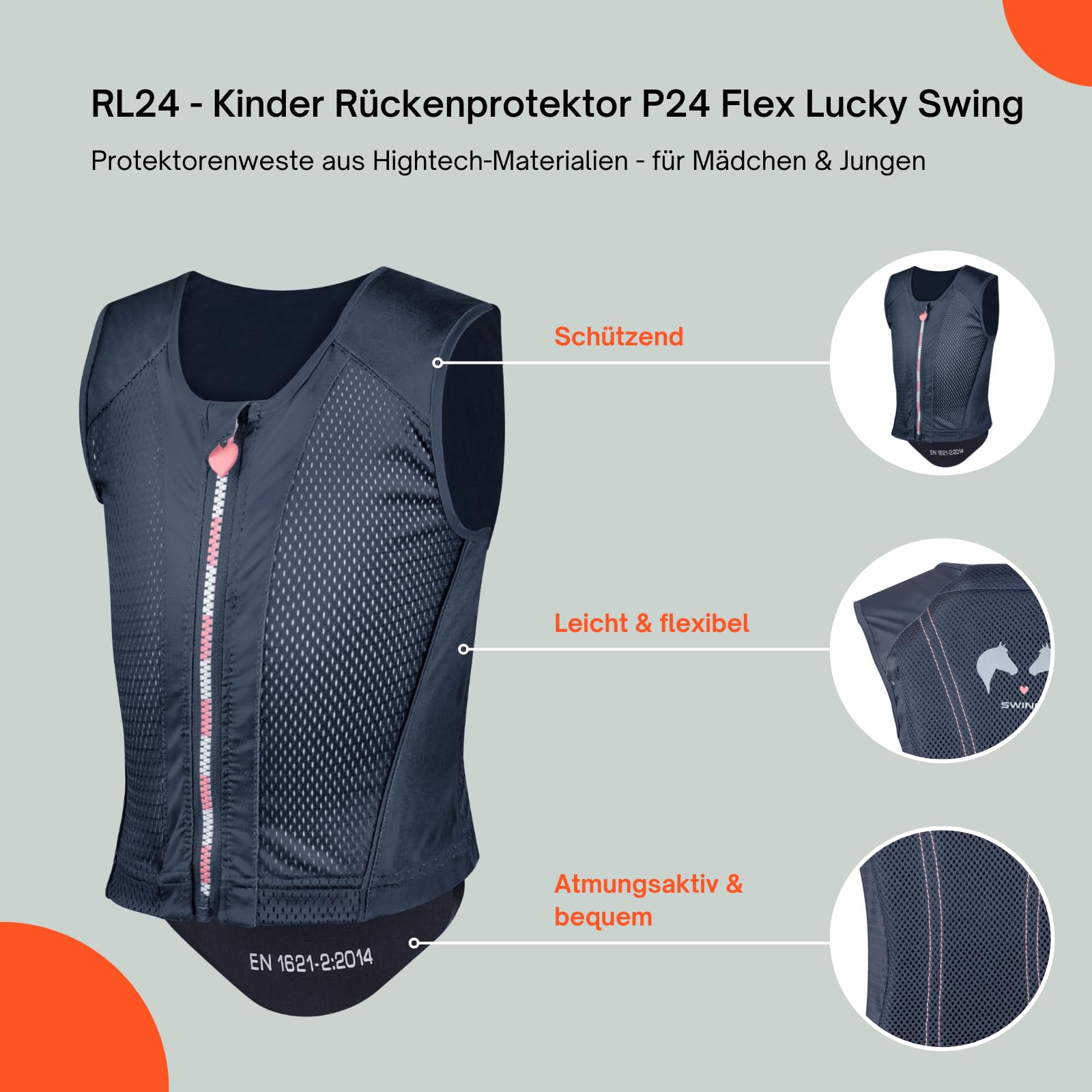 RL24 - Kinder Rückenprotektor P24 Flex Lucky Swing – Protektorenweste aus Hightech-Materialien – Reiter Schutzweste – atmungsaktiv & leicht – Unisex Reitweste in Nachtblau – viele Größen
