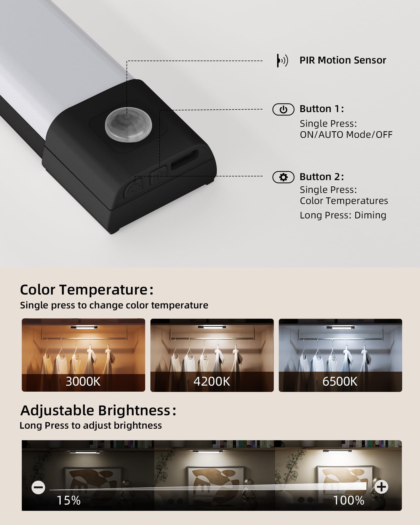 EZVALO Lampada da incasso da cucina a LED, 20 cm, 30 LED, senza fili, con sensore di movimento, luce per armadio con 3 modalità di colore, dimmerabile, ricaricabile, per cucina, armadio, scale, nero