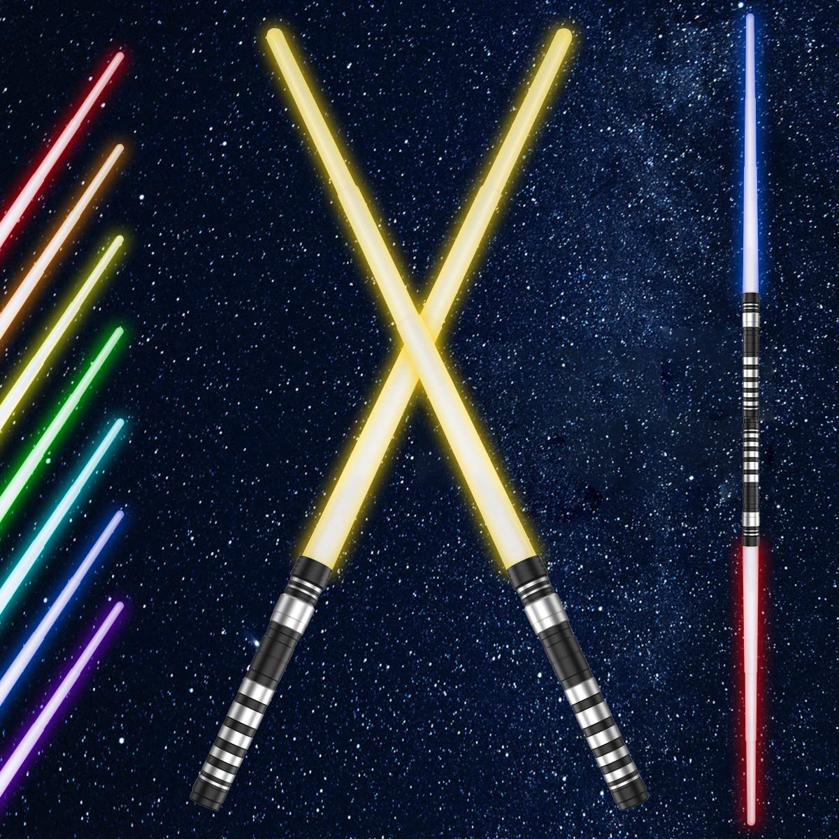 2 Pcs Light Saber with Connector Sounds 7 Colors Changeable LED Light Up Sword Retractable Light Saber Sword Double Edge Portable Lightweight Lightsaber with Handle(silver)