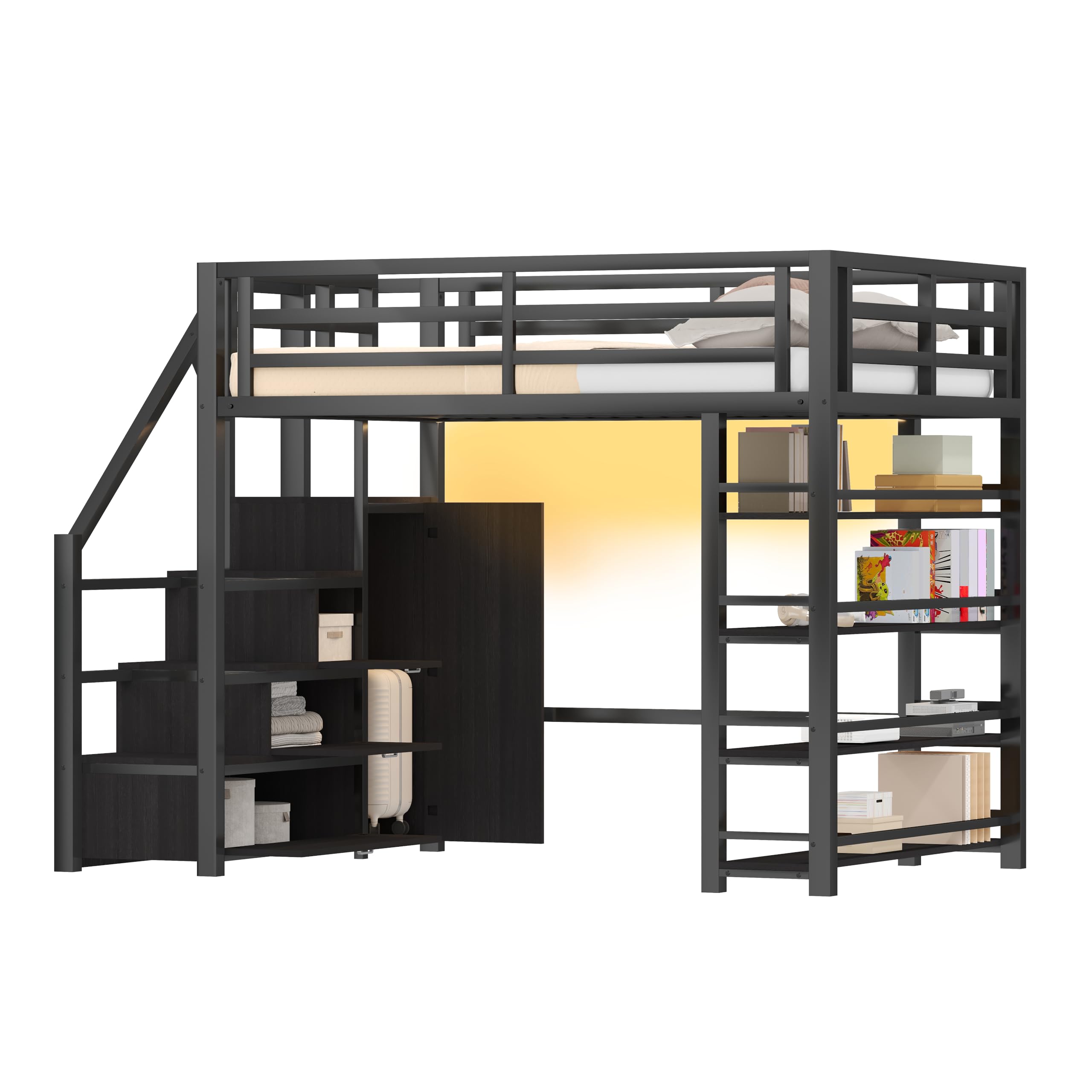 BTM Jugendbett 140 x 200 cm Metall LED Hochbett mit Schreibtisch und Schrank, Kinder Hochbett mit Treppe, Schwarz