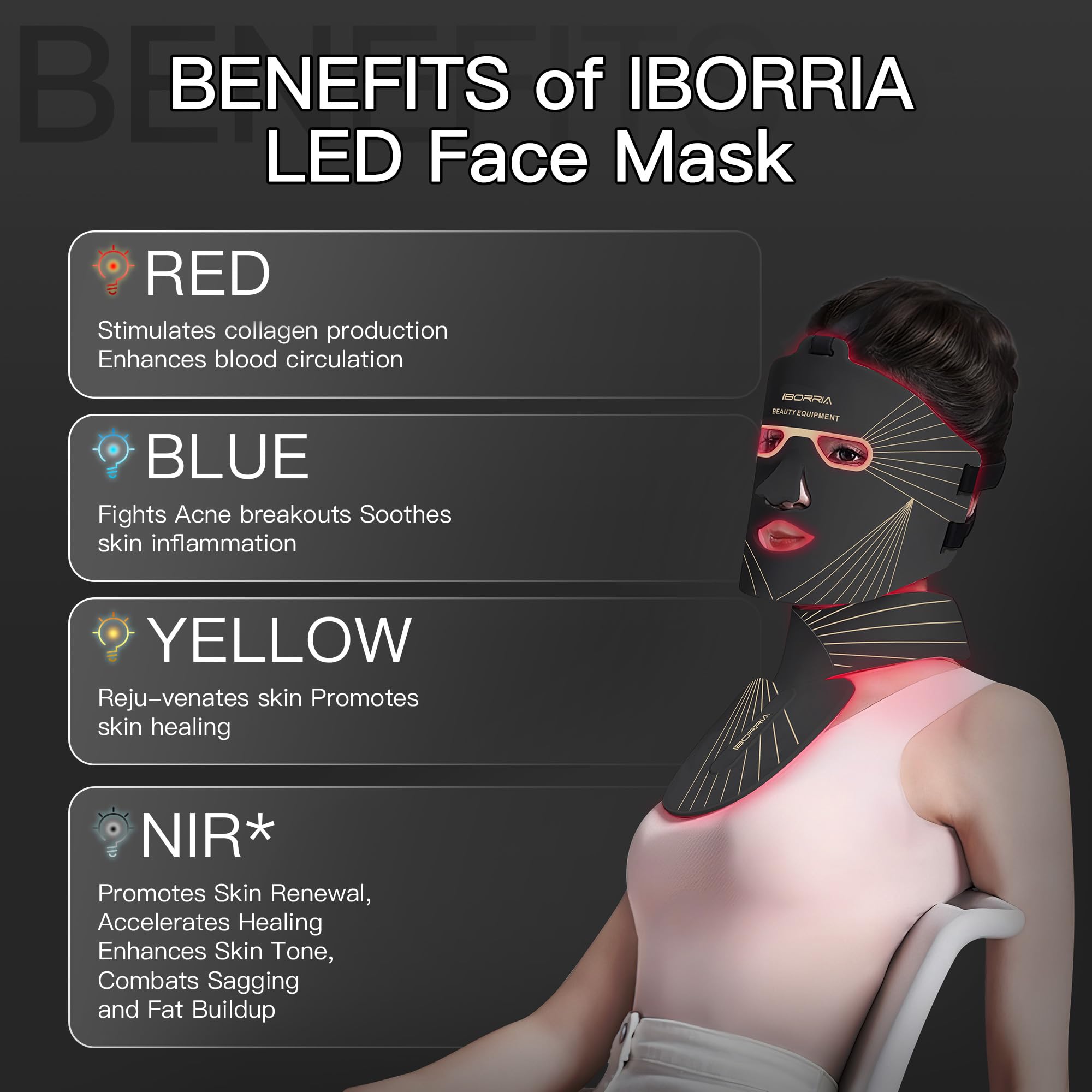 Máscara Facial LED para Rostro, Cuello y Escote, Terapia de Luz Infrarroja Cercana, Mascarilla de Belleza de Silicona Flexible, Tratamiento en Hogar, Cuidado Rejuvenecimiento de Piel (Negro)