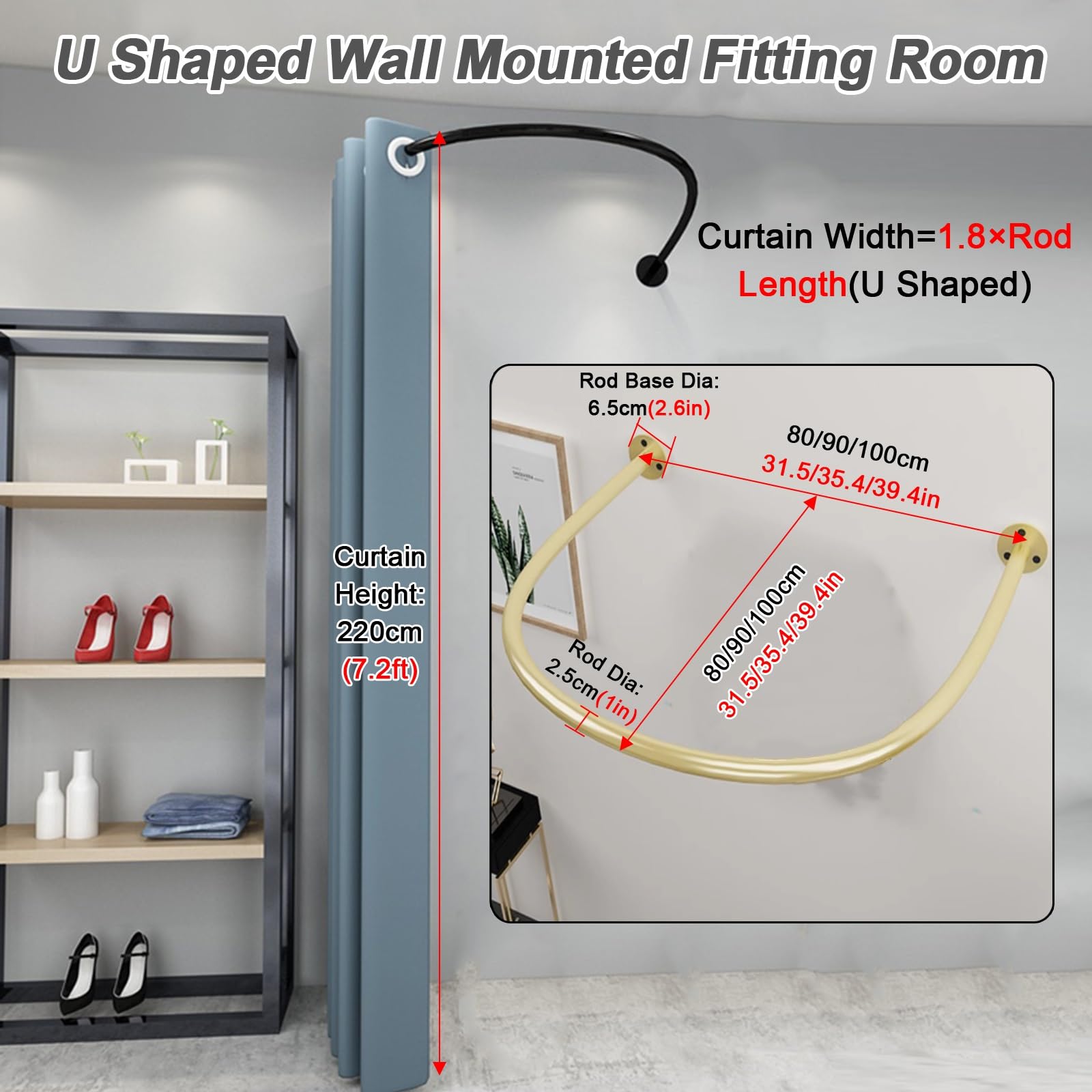 Dressing Room U-Shape Partition Curtain, Clothing Store Boutiques Wedding Shops Simple Fitting Room, Commercial Changing Room and Display Rack, Wall Mounted, Black Iron Rod (Color : Coffee Color, Si