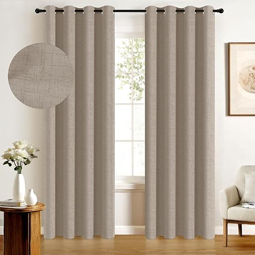 Miniatura 28 de 100% Blackout Shield Cortinas opacas de lino para dormitorio, cortinas de lino natural con ojales para sala de estar, cortinas de oscurecimiento con