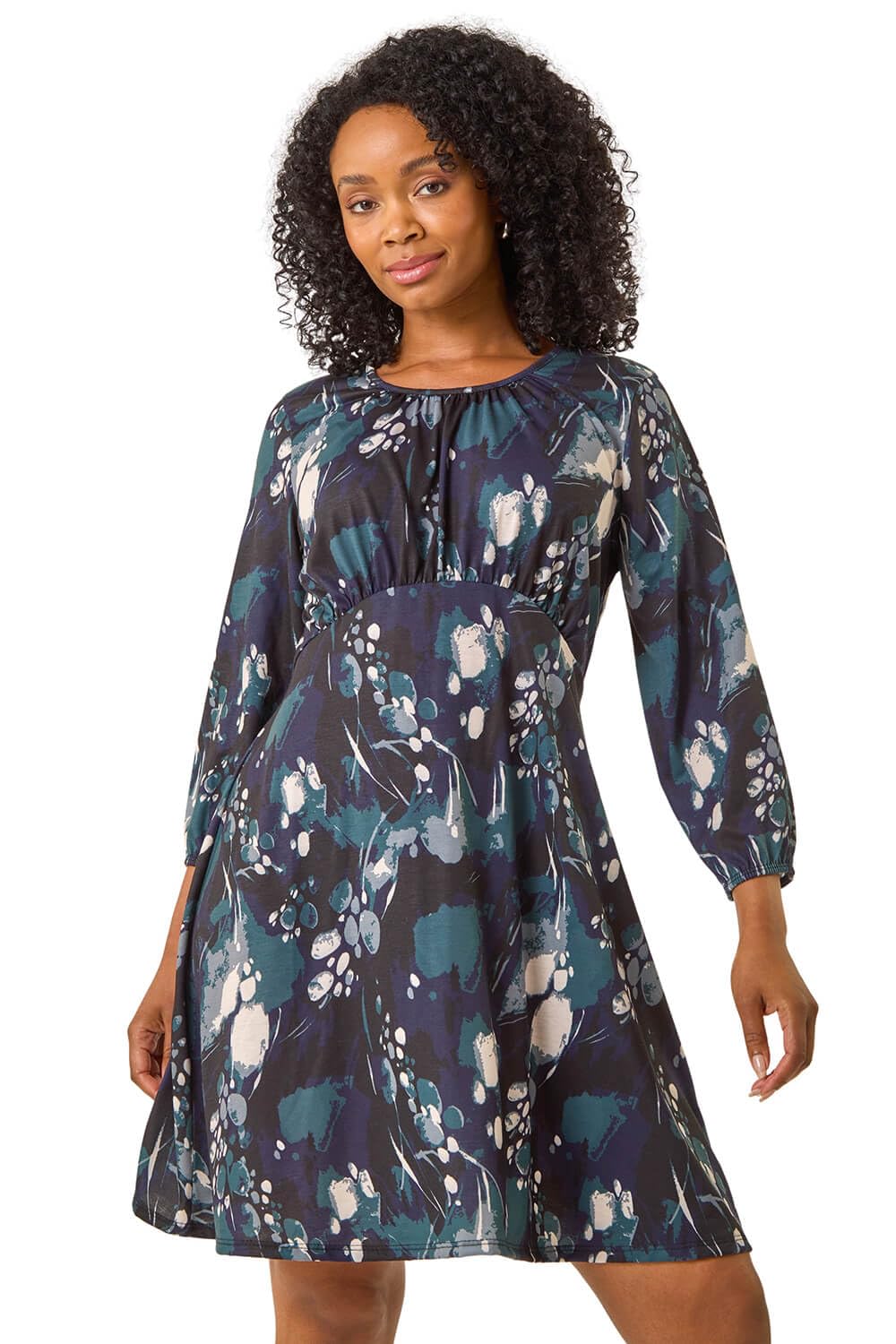 Roman Petite Women's Blue Floral Print Stretch Dress Size 18