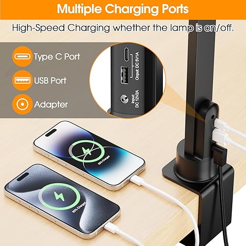 Miniatura 5 de ShineTech Lámpara LED de escritorio para oficina en casa, 25 modos de iluminación, lámpara LED con brazo oscilante con abrazadera, sensor de gestos,