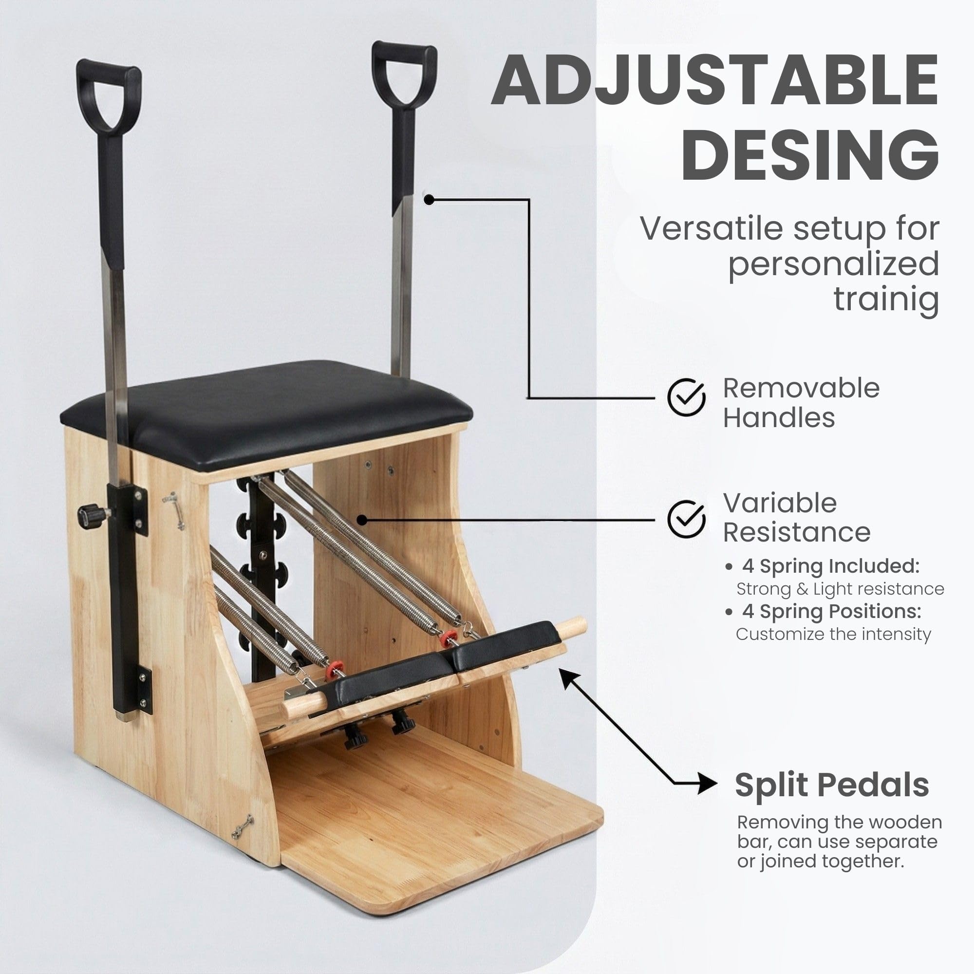 Silla Pilates Reformer Profesional, Pedales Divisibles y Asas. Silla de Pilates de Estabilidad para Casa o Estudio. Equipo Multifuncional de Reformer para Equilibrio y Fuerza. 4 Muelles Incluidos