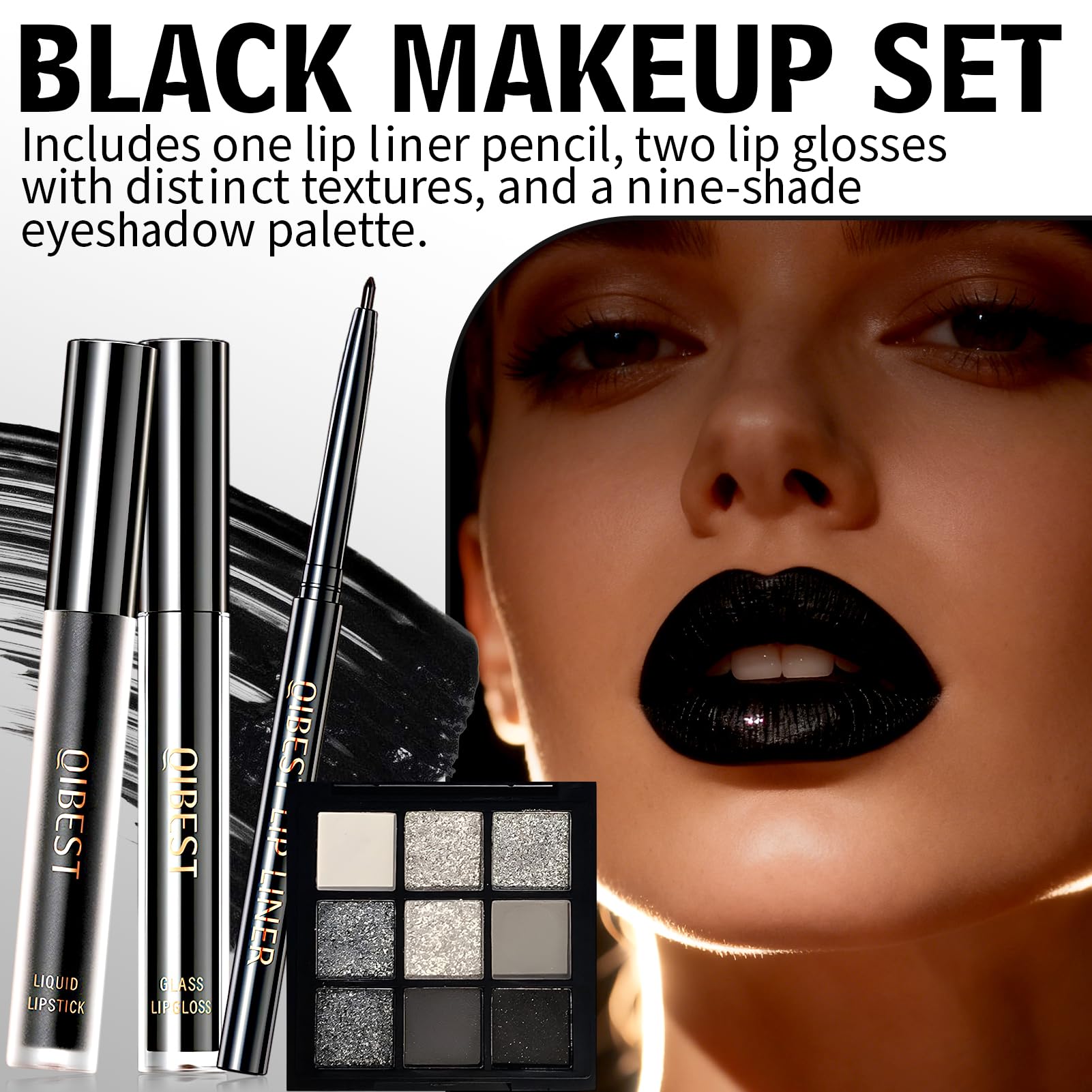Set de Maquillaje Gótico, Negro Líquido Pintalabios con Delineador y Brillo, Paleta de Sombras de Ojos Ahumadas 9 Colores, Impermeable y de Larga Duración, para Carnaval Halloween