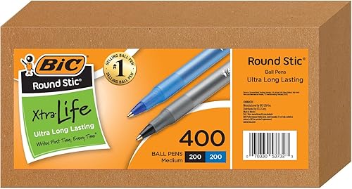 BIC Round Stic Xtra Life - Bolígrafo de punta media de 0.039 pulgadas, 200 bolígrafos de tinta negra y 200 azules, paquete a granel de 400 unidades