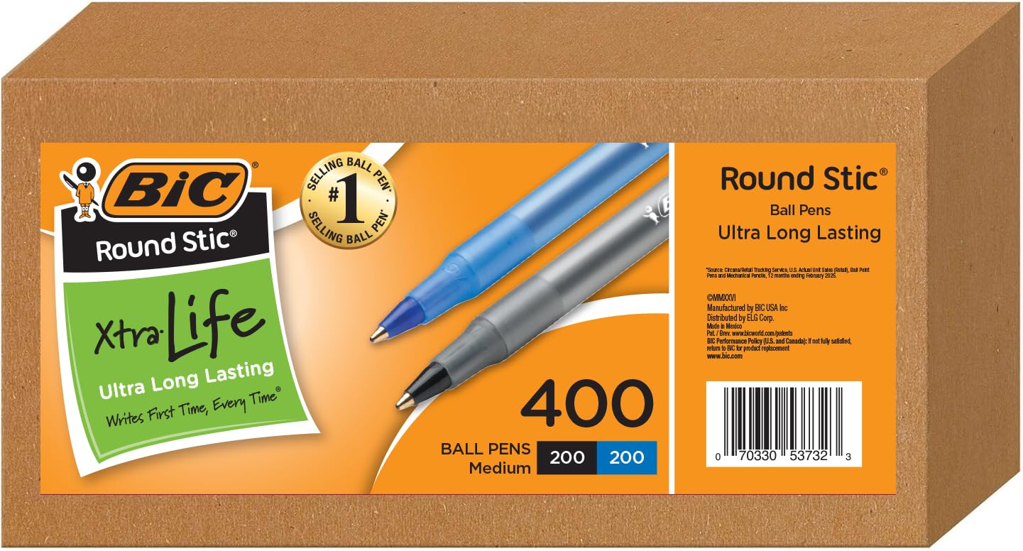 BIC Round Stic Xtra Life Ballpoint Pen Medium Point 1 0 mm 200 Black 200 Blue Ink Pens