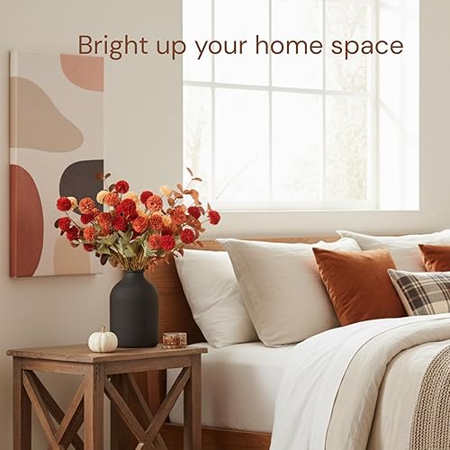 Miniatura 4 de RyddeligHome Flores de otoño, flores artificiales Kiku de color naranja quemado, 10 tallos + eucalipto, centro de mesa floral de mamás rojas y