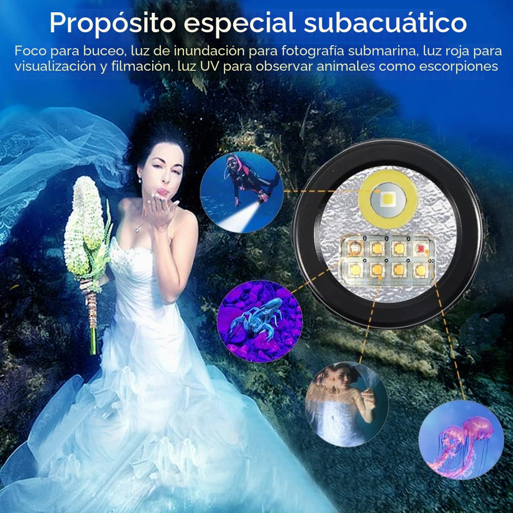 APLOS AP70 - Luz de video de buceo, 6000 lúmenes, ángulo de haz amplio de 135 grados, linterna subacuática con luz UV roja