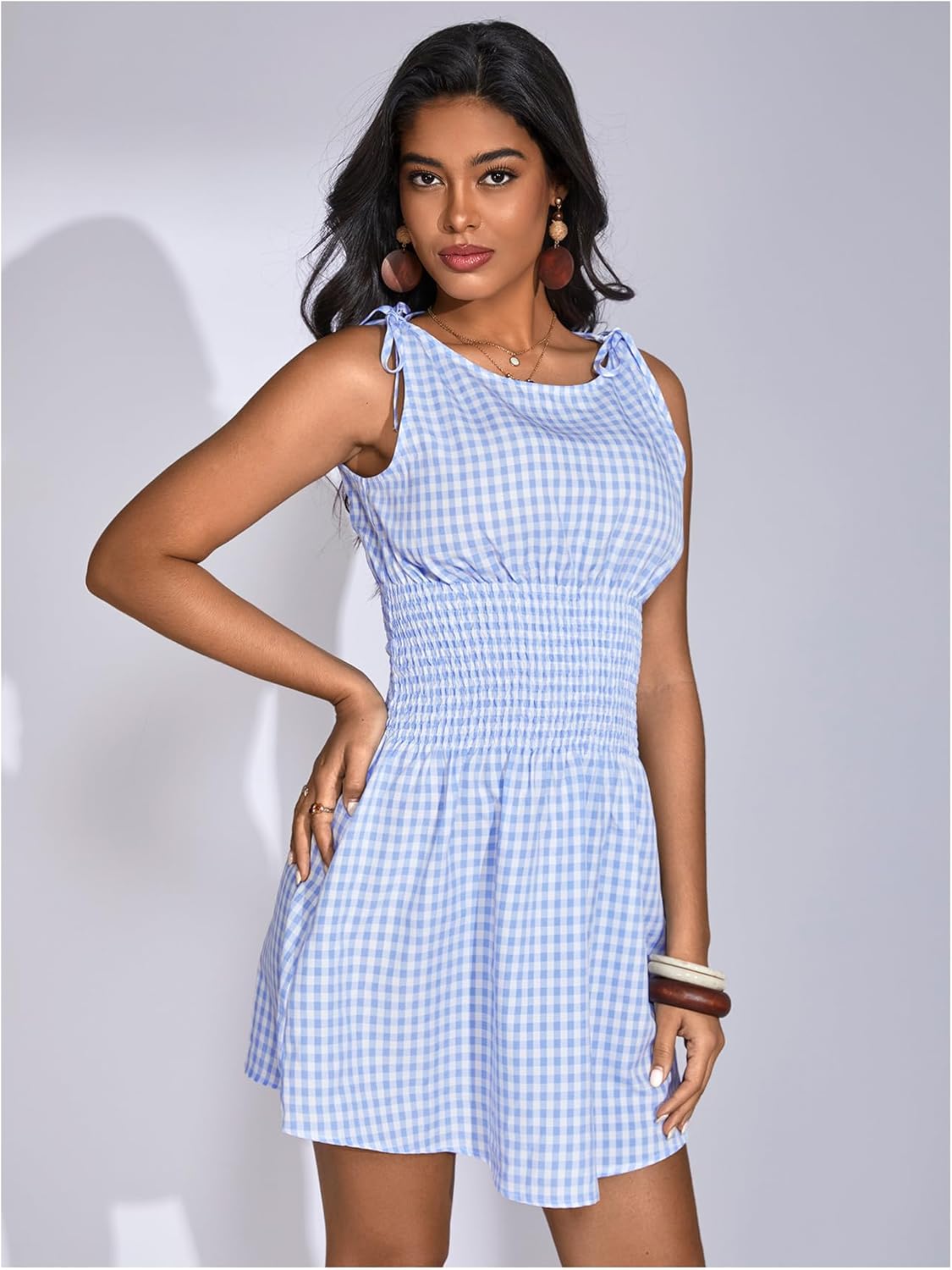 Floerns Women's Tie Shoulder A Line Gingham Dress Boat Neck Mini Checkered Elegant Dresses - Image 3
