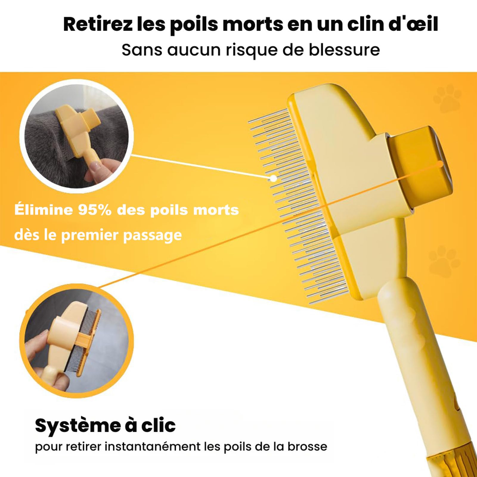 chat peigne, 2025 brosse anti-poils mort –peigne anti puces douce, efficace et autonettoyante, idéale pour poils longs et courts (Jaune)