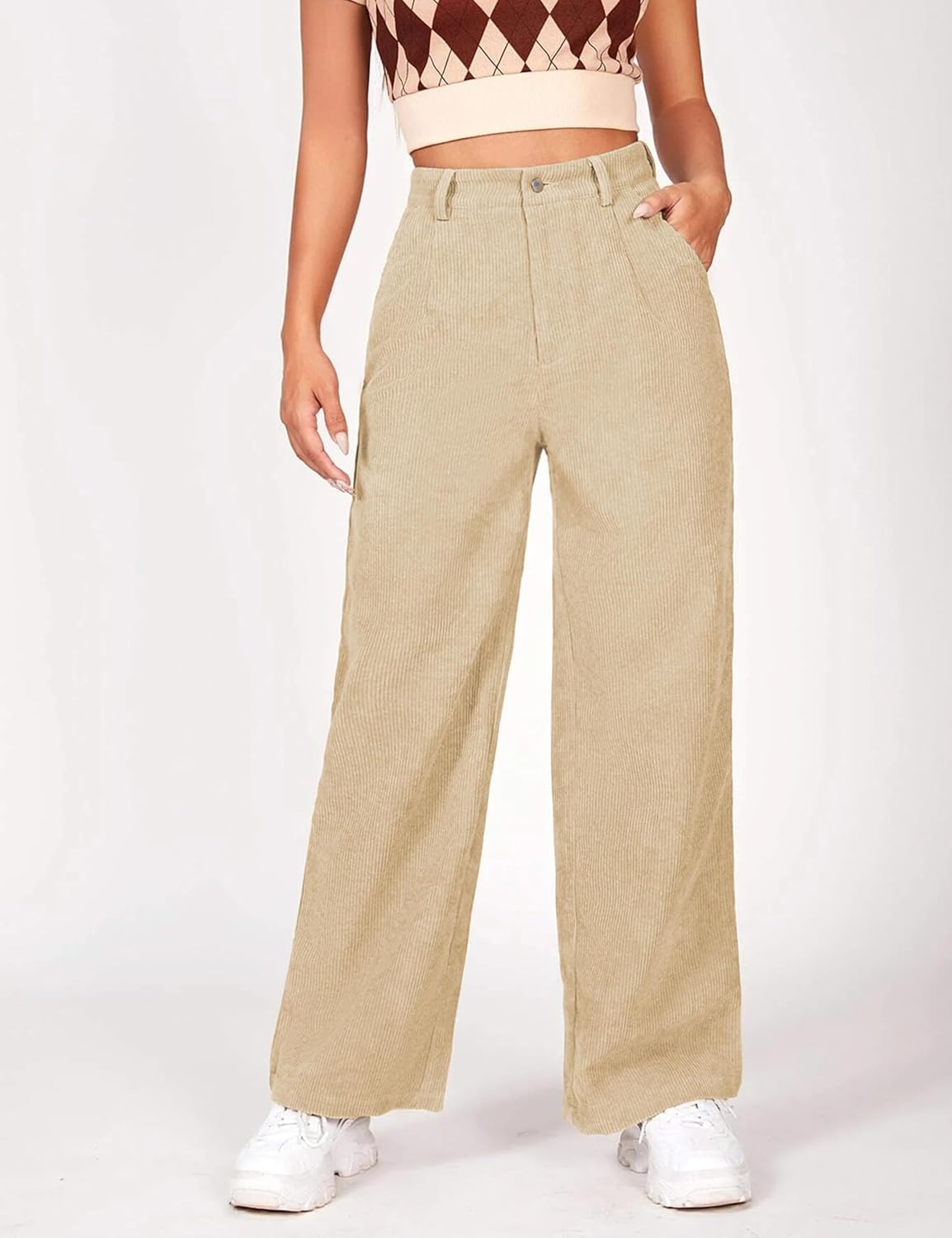 Himosyber Corduroy Pants for Women Wide Leg High Waist Loose Comfy Trousers with Pockets (Khaki-XS) - Image 2