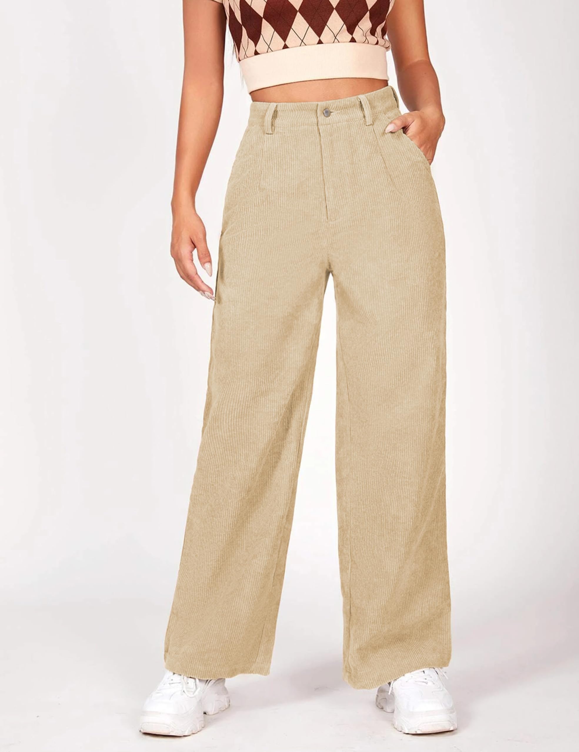 Himosyber Corduroy Pants for Women Casual Elastic High Waist Stretchy Wide Leg Pants Loose Fit Comfy Trousers with Pockets