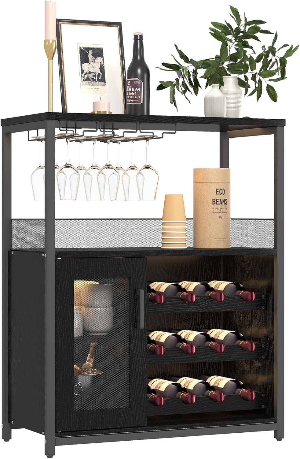 Garvee Botellero Industrial con Estante Ajustable para Vino y Soporte para Copas, Armario para Bebidas para Cocina, Comedor, Salón, 70x35x92 cm, Negro