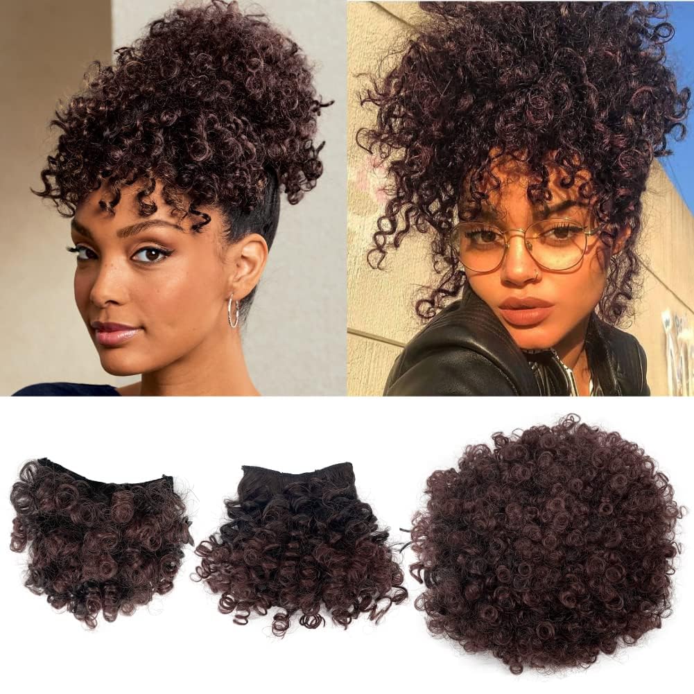 Afro Puff Drawstring Ponytail Extensions with Kinky Curly Hair Clip in 2 Bangs Short Ponytail Hair Extensions Updo Hairpieces for Black Women(1B/33#)