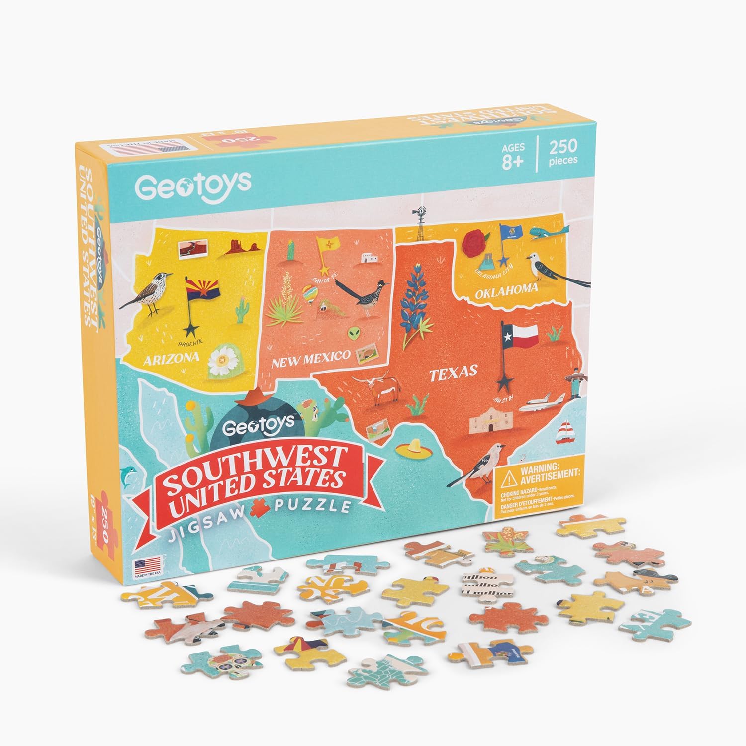 Geotoys USA Regional Jigsaw Puzzle Bundle - Set of 7 Jigsaw Puzzles for Kids Ages 8-12 - 250 Piece Puzzles for Kids Featuring New England, Midwest, Pacific & More – Regional US Map Puzzle with Flags