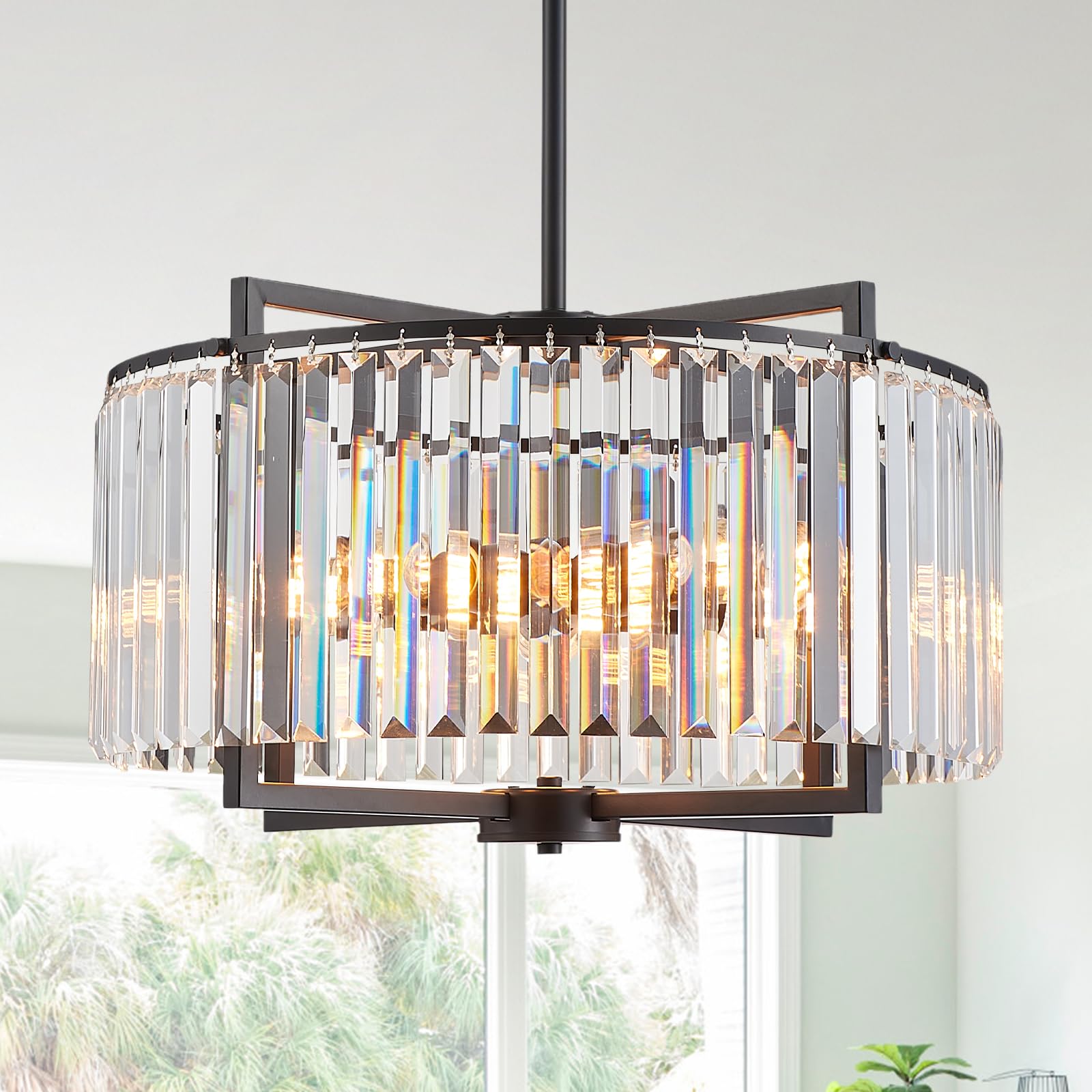 Photo 1 of Cabvope Black Crystal Chandelier Modern Drum Pendant Lighting Fixture for Dining Room, 20" Farmhouse Round 5-Light for Living Room Kitchen Island Bedroom Black