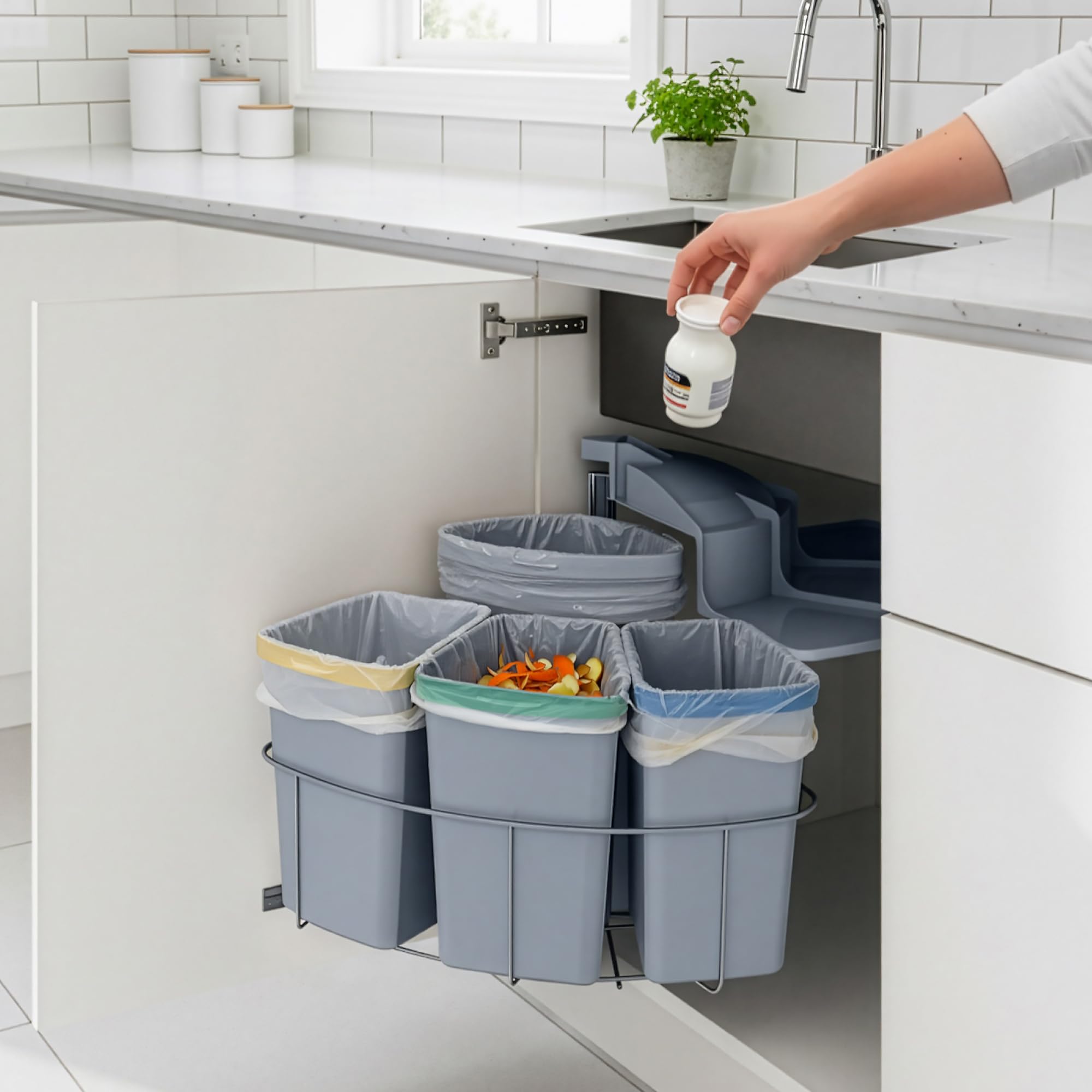 [en.casa] Pattumiera ad Incasso da Anta con 4 Contenitori Estraibili Raccolta Differenziata Secchi 1x12L+3x6L Apertura Automatica per Cucina Sottolavello - Grigio