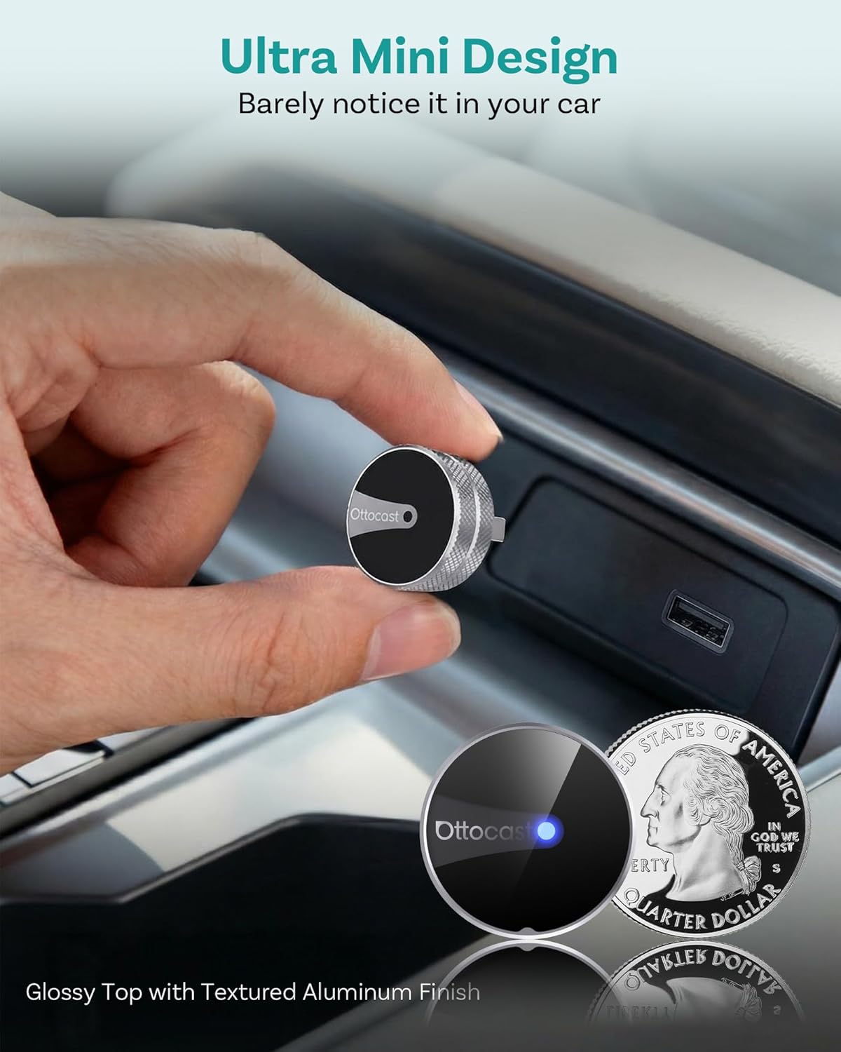 Hand holding OTTOCAST Mini Tube 2026 next to a US quarter for size comparison