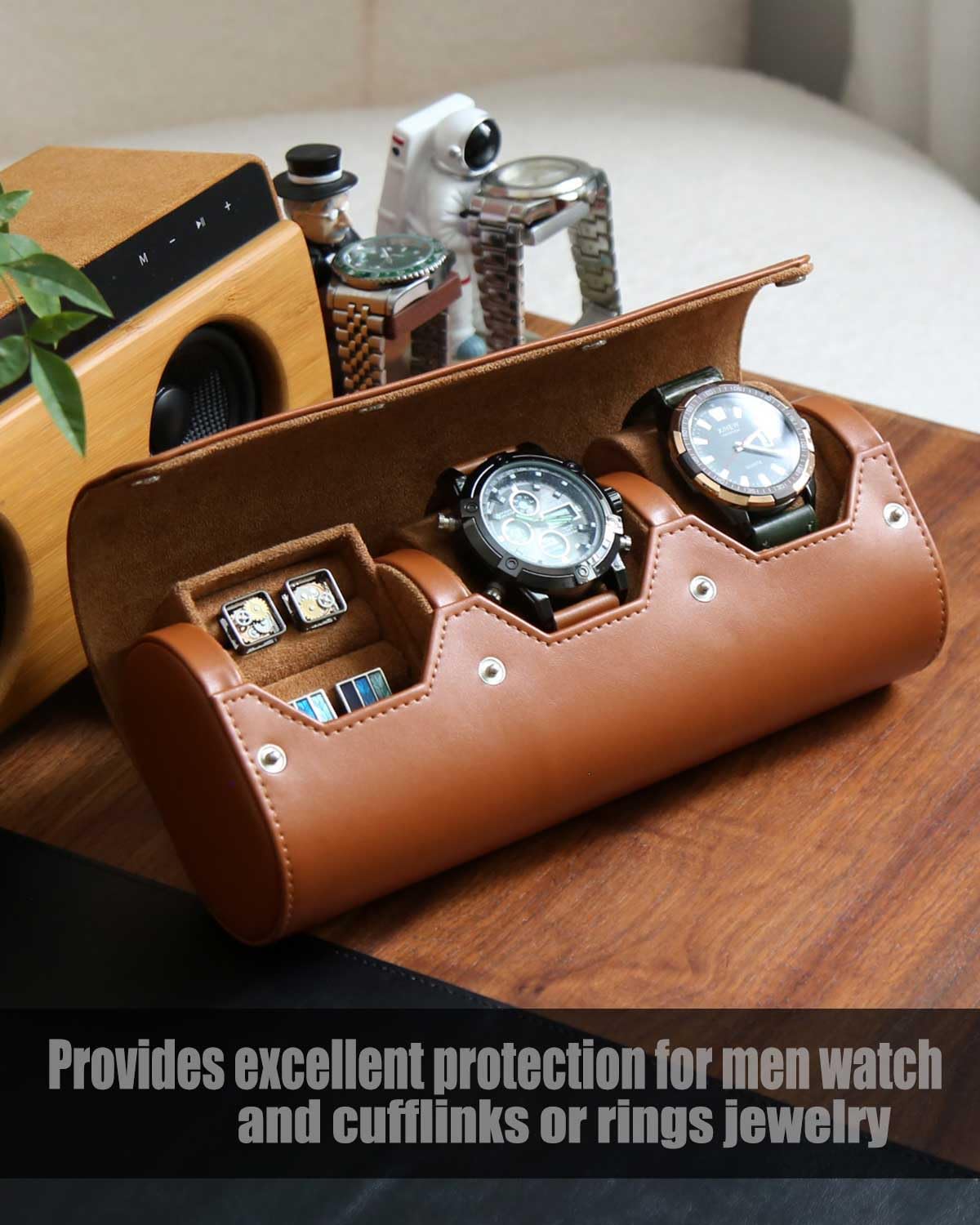 Custodia organizer per orologi e gemelli, da uomo, con rotolo, portatile, con 2 scomparti per orologi e gemelli, con velluto per riporre orologi grandi, custodia da viaggio per gemelli