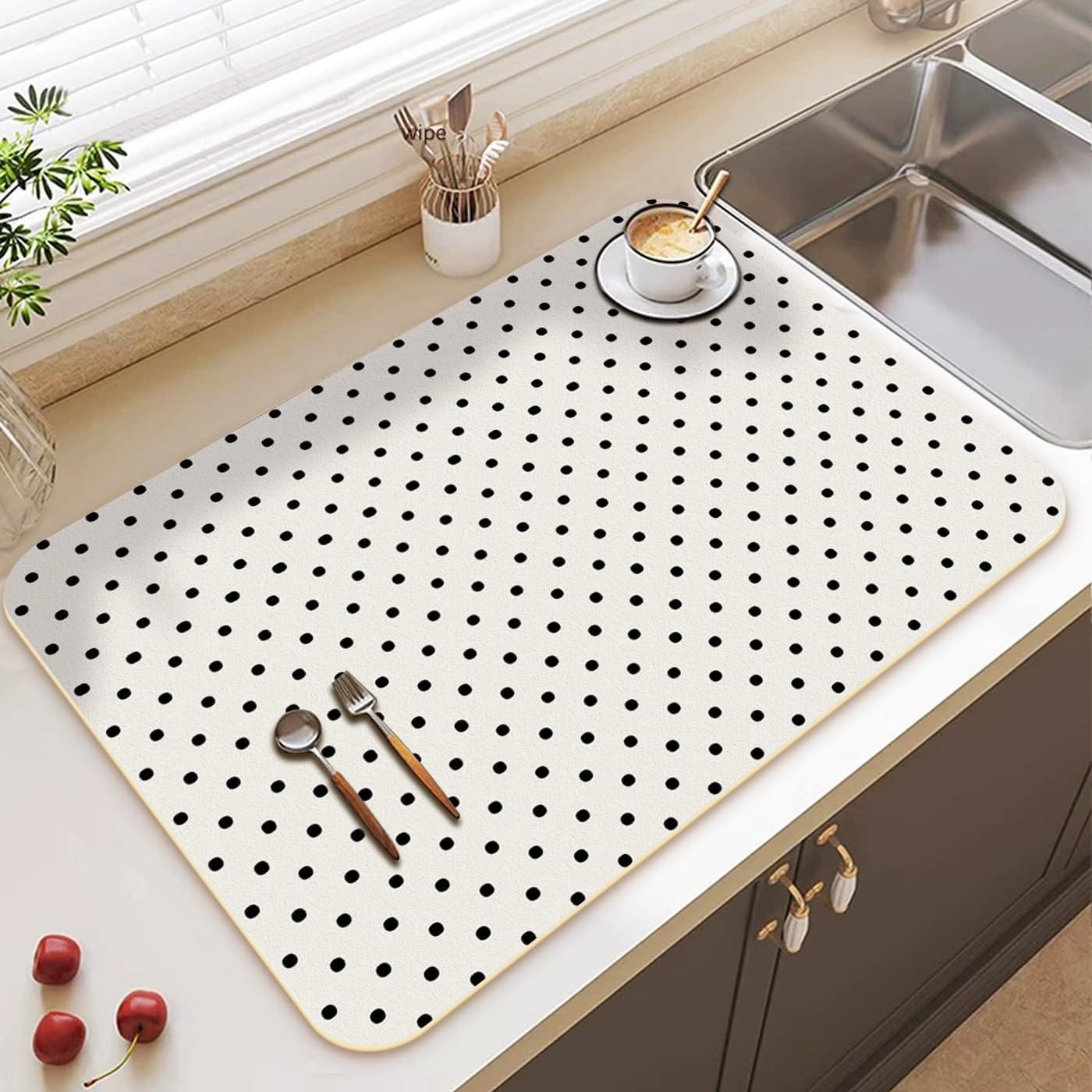 Premium Dish Drying Mat - Coffee Bar Matt & Drainer Rack for Kitchen Counter Decor, Housewarming Hostess Gift for Coffee Lovers, Super Absorbent Mat, 18" x 24" (Beige Stripes, 18'' * 24'')