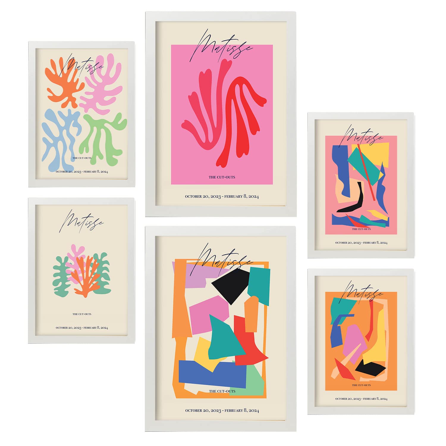 Nacnic Set of 6 posters Matisse Collect. Collection of posters in collage aesthetic for interior decoration. Sizes A3 and A4. White frames.